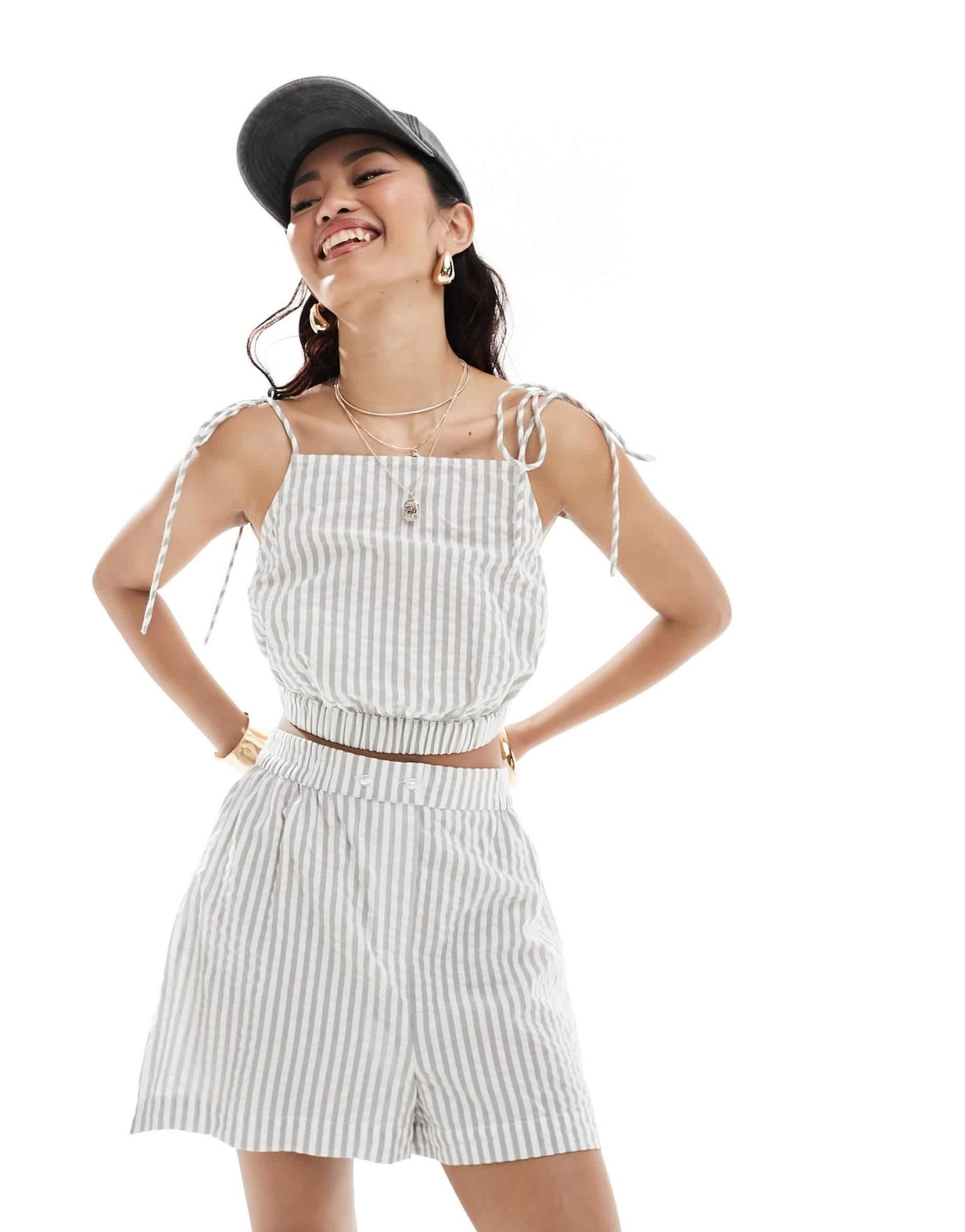 ASOS DESIGN pull on short with tab waistband in grey stripe co - ord - ASOS Sample Sale
