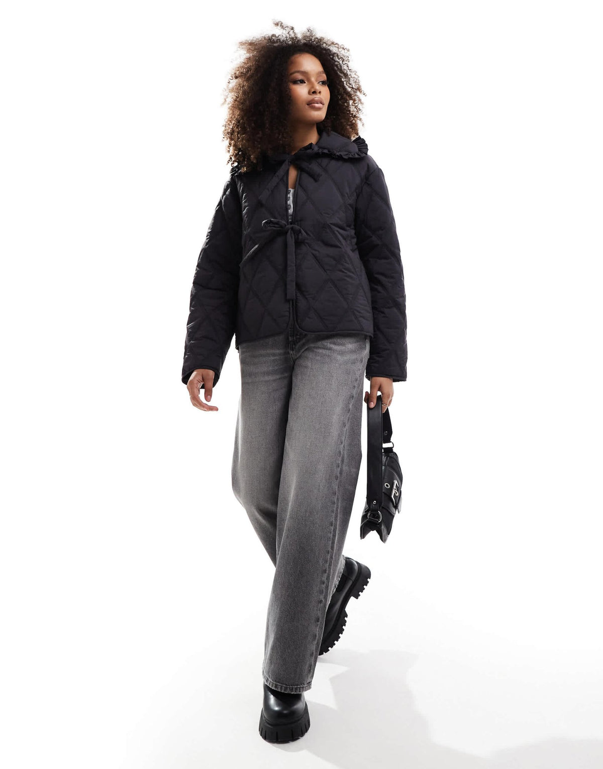 ASOS DESIGN quilted frill collar jacket with tie front in black - ASOS Sample Sale