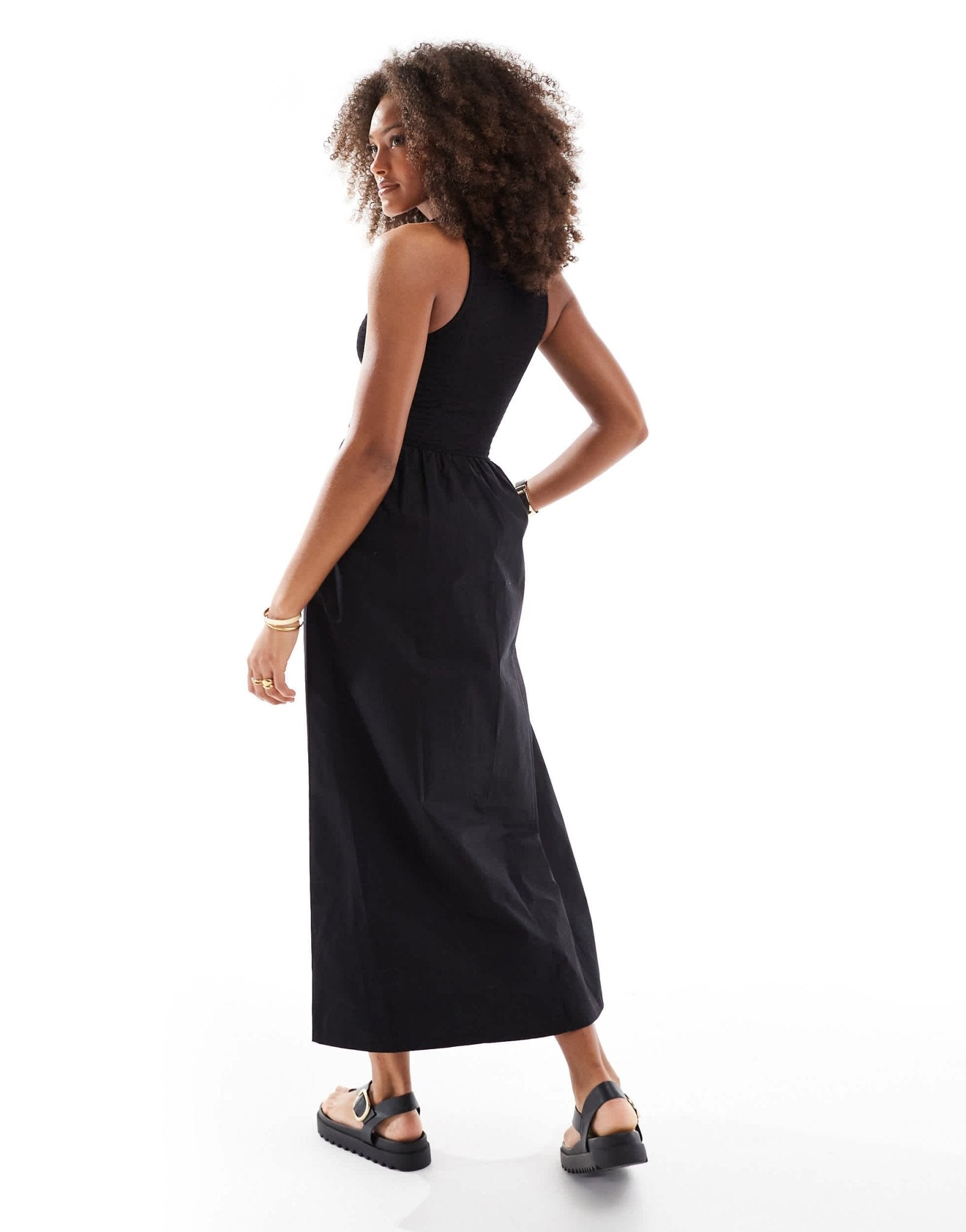 ASOS DESIGN racer crinkle bodice poplin skirt midi dress in black - ASOS Sample Sale