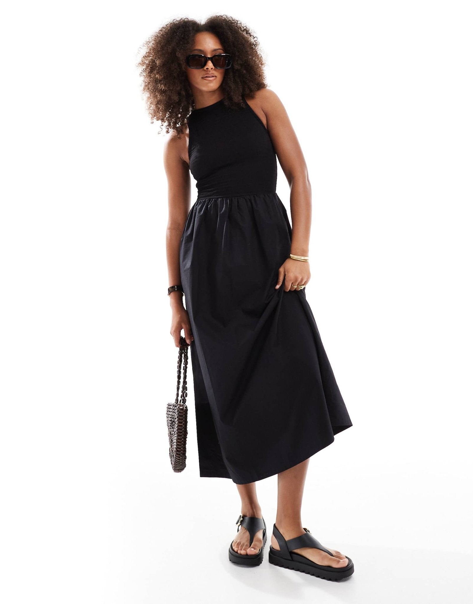 ASOS DESIGN racer crinkle bodice poplin skirt midi dress in black - ASOS Sample Sale