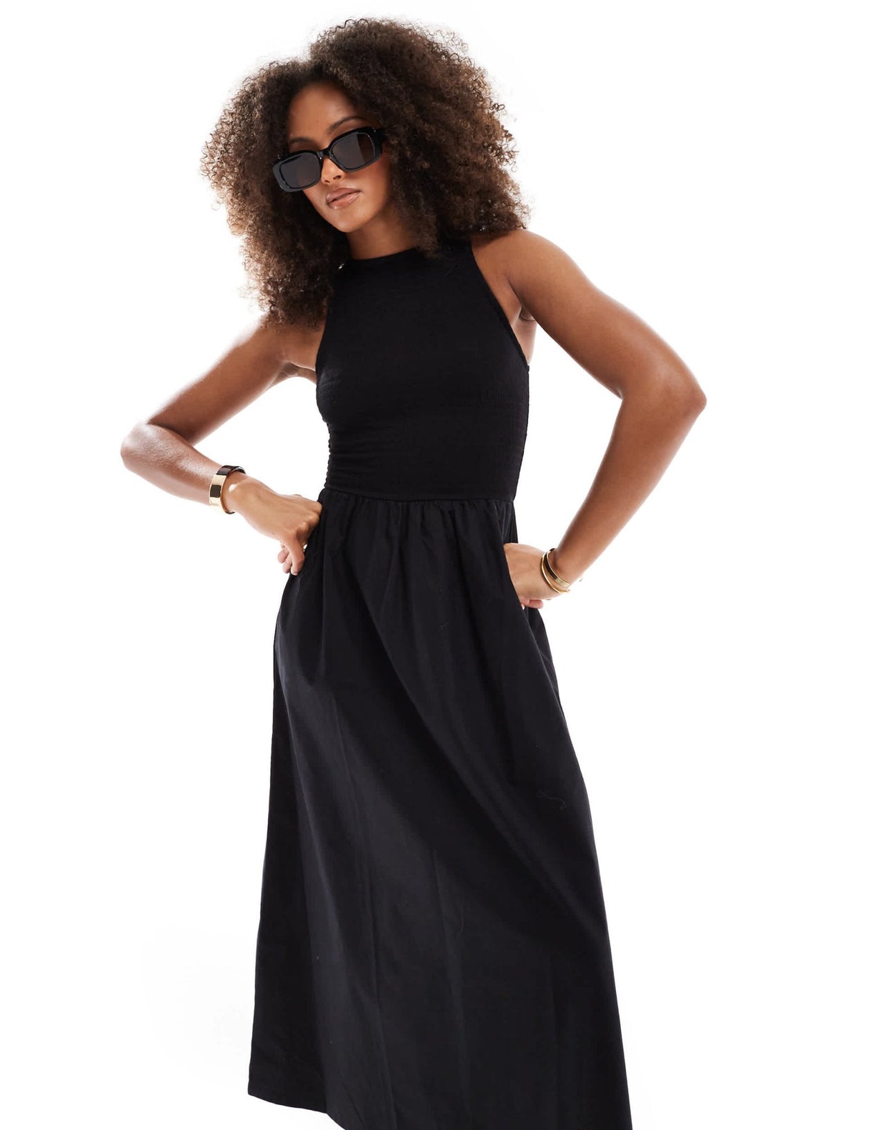 ASOS DESIGN racer crinkle bodice poplin skirt midi dress in black - ASOS Sample Sale