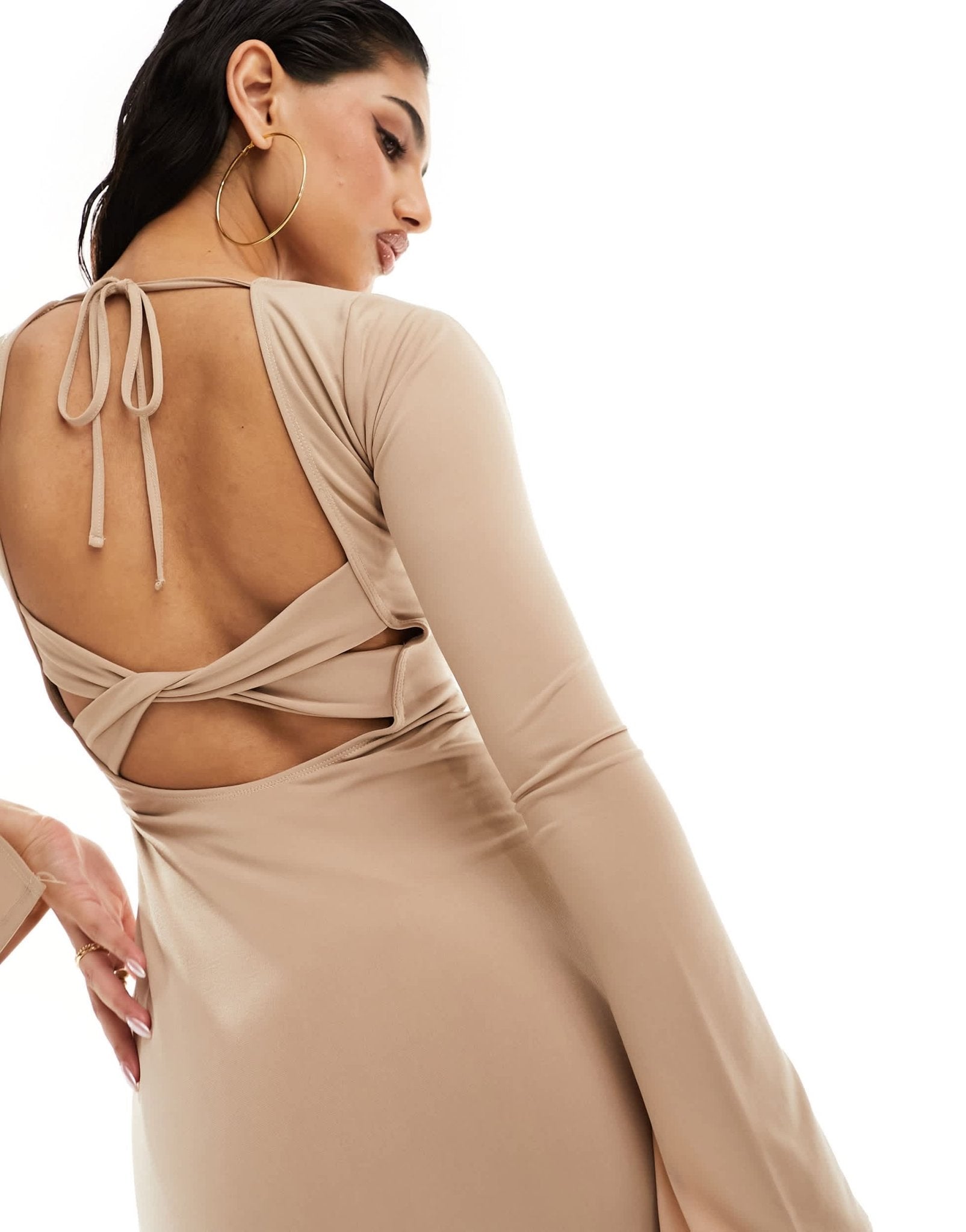ASOS DESIGN racer cut out long sleeve mini dress with open back in camel - ASOS Sample Sale