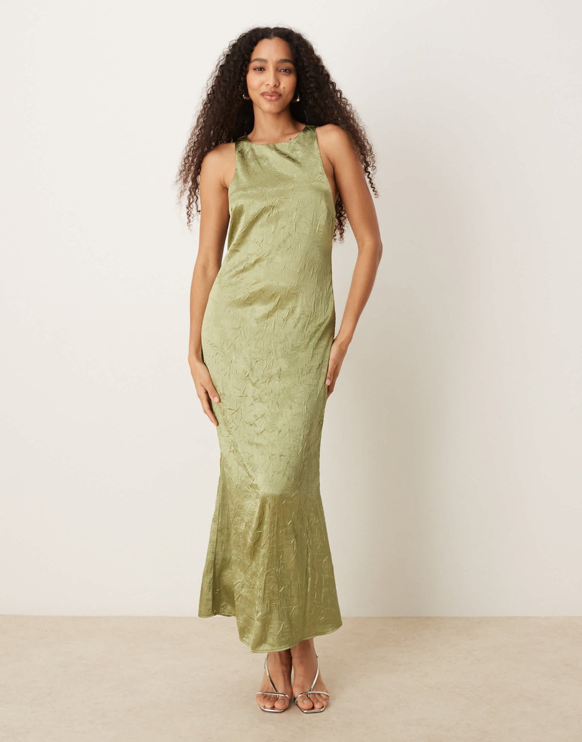 ASOS DESIGN racer twist back crinkle satin maxi dress in olive - ASOS Sample Sale