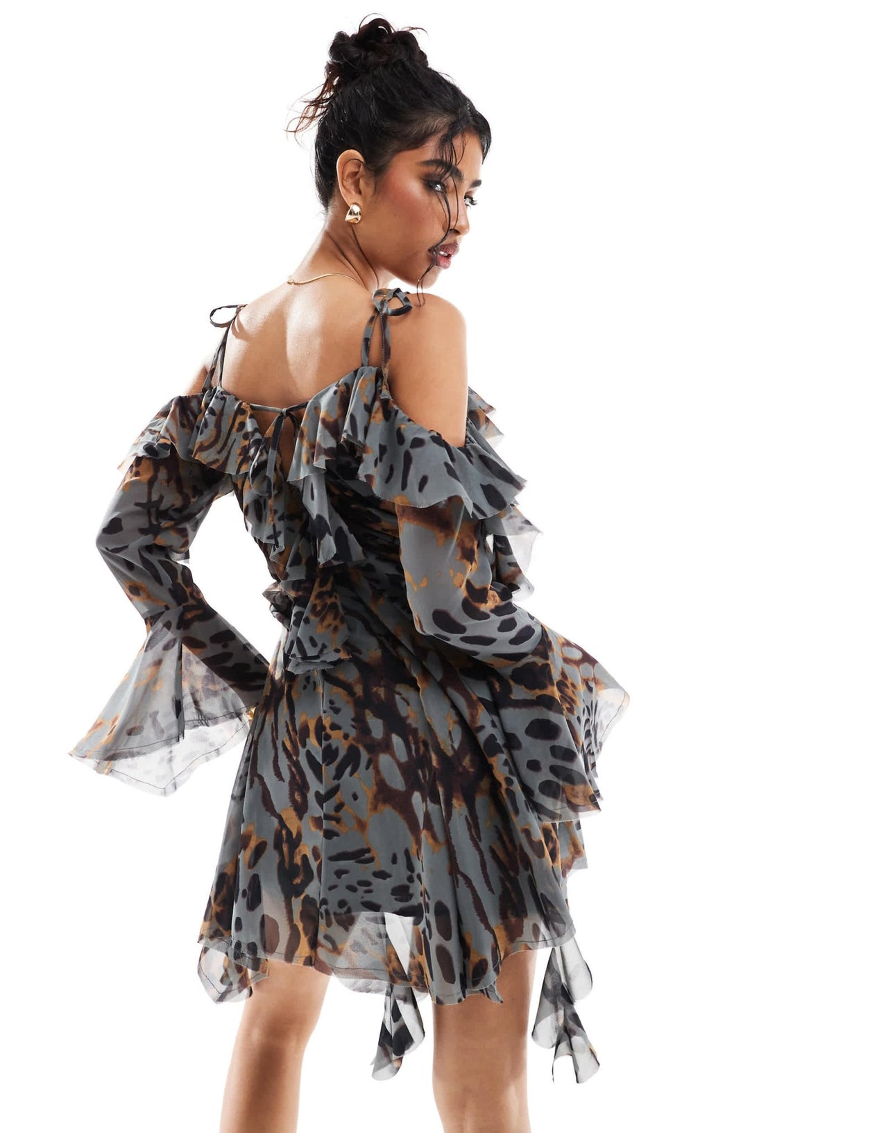 ASOS DESIGN ragged edge mini dress with godets and under layer frills in animal print - ASOS Sample Sale