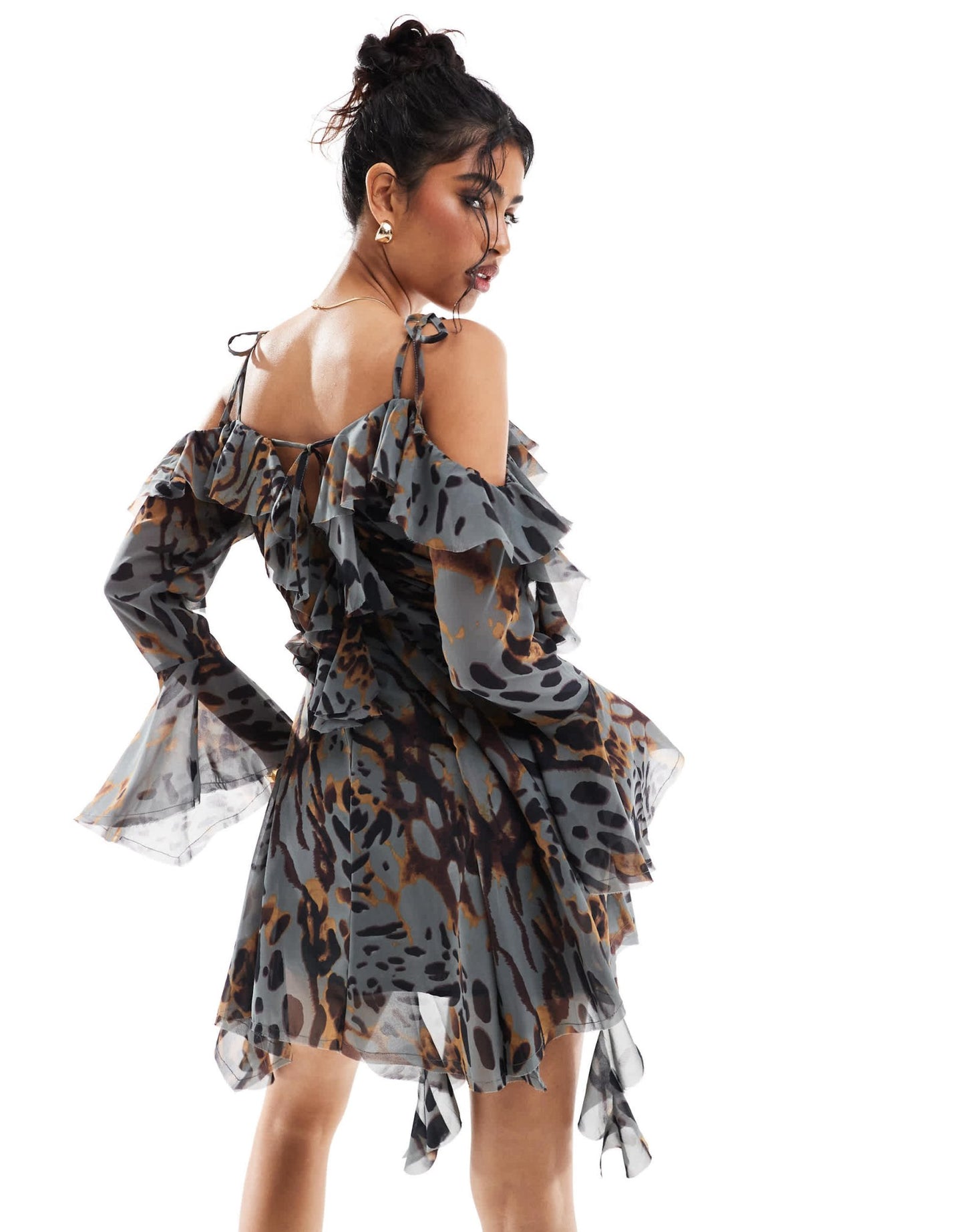 ASOS DESIGN ragged edge mini dress with godets and under layer frills in animal print - ASOS Sample Sale