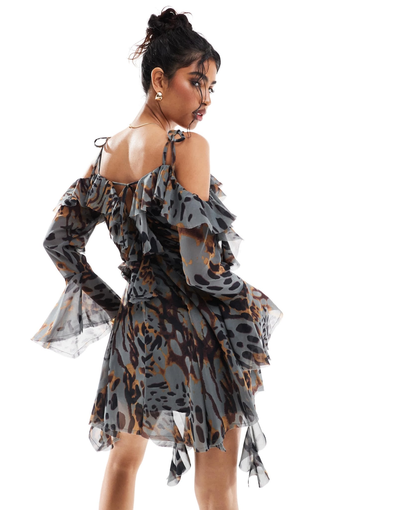 ASOS DESIGN ragged edge mini dress with godets and under layer frills in animal print - ASOS Sample Sale