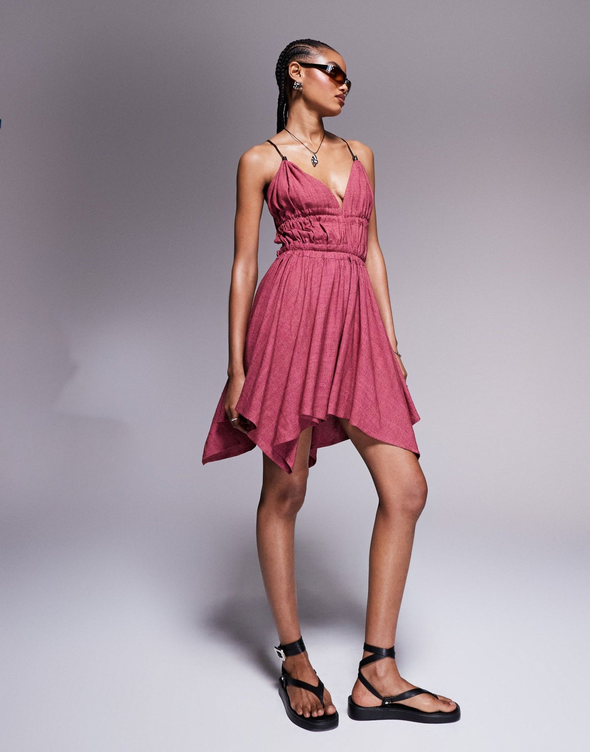 ASOS DESIGN ragged hem mini plunge dress with PU trim detail in burgundy - ASOS Sample Sale