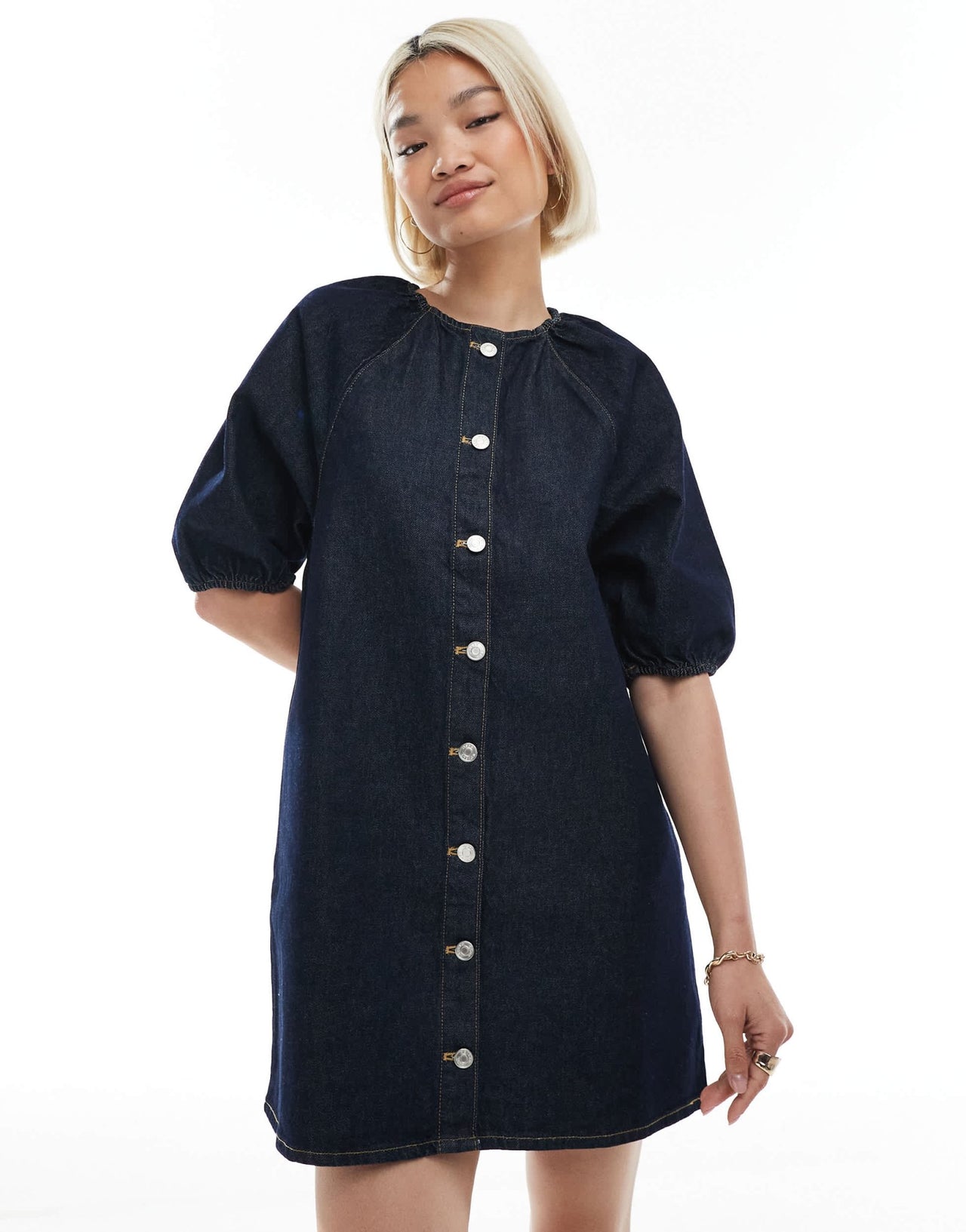 ASOS DESIGN raglan puff sleeve denim mini dress in rinse wash - ASOS Sample Sale