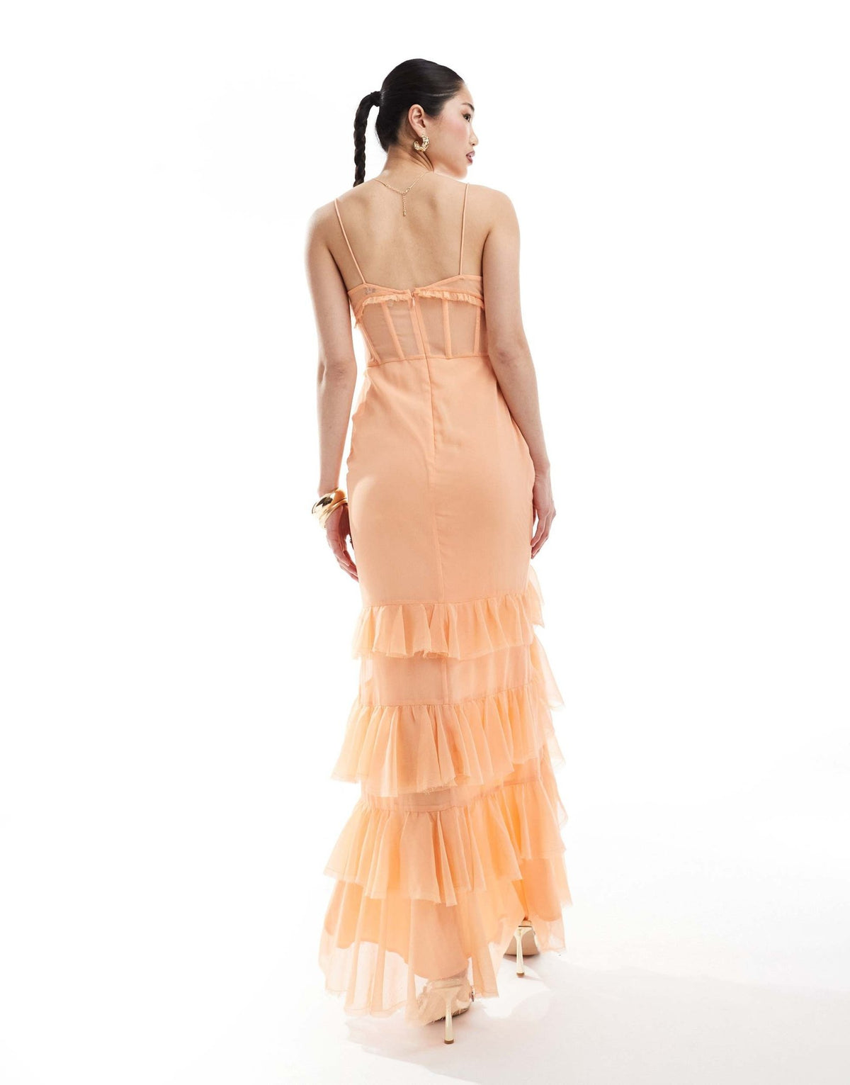 ASOS DESIGN raw edge corset detail panelled maxi dress with hi low ruffle hem in peach - ASOS Sample Sale