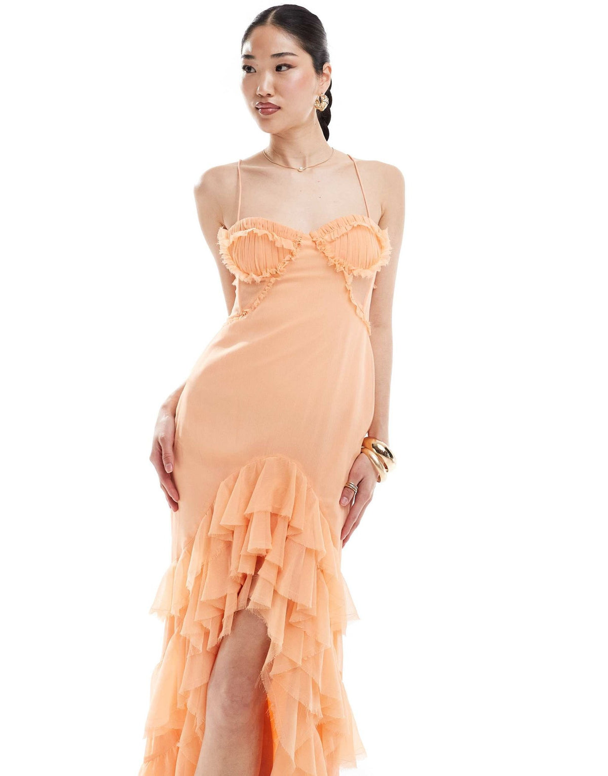 ASOS DESIGN raw edge corset detail panelled maxi dress with hi low ruffle hem in peach - ASOS Sample Sale
