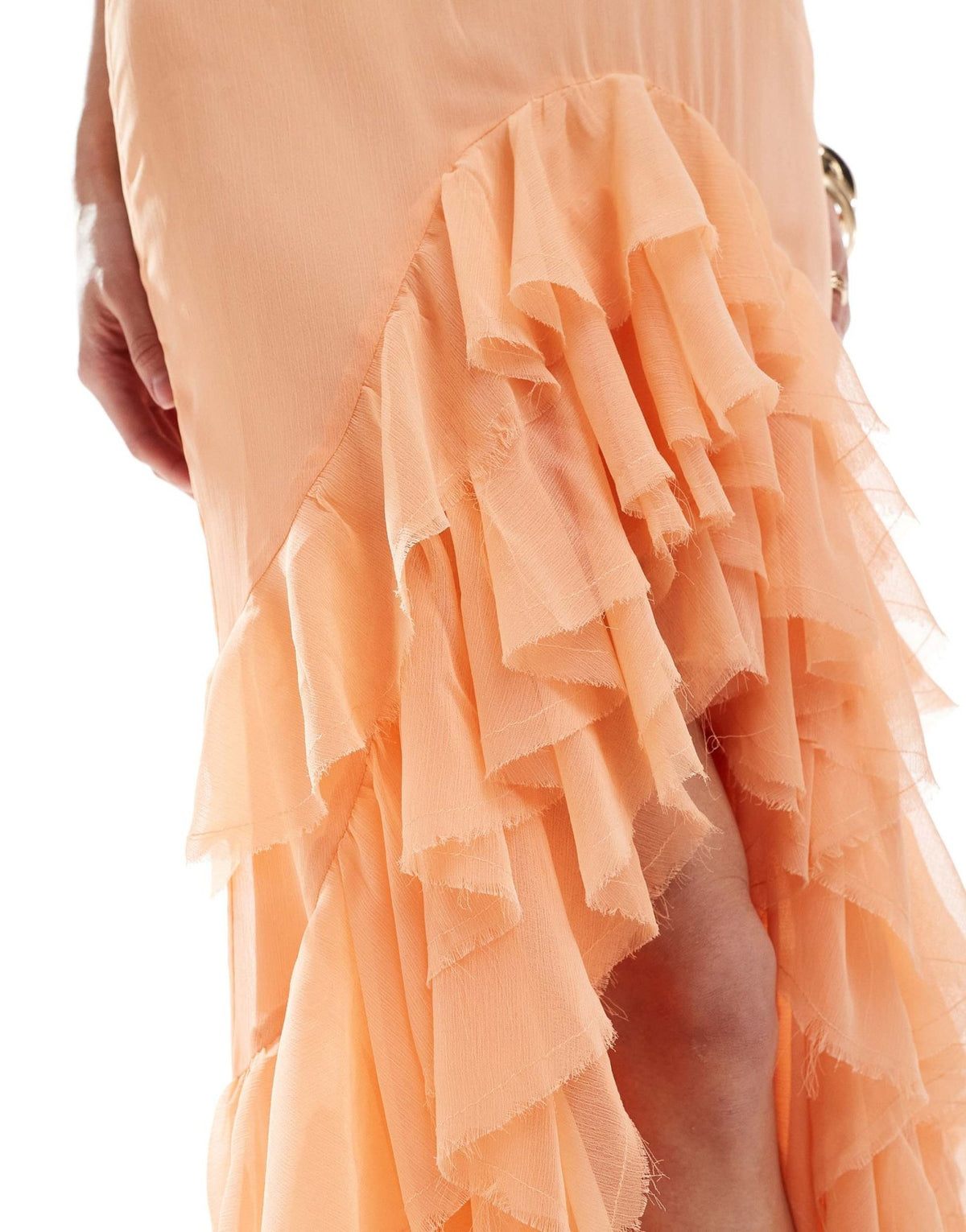 ASOS DESIGN raw edge corset detail panelled maxi dress with hi low ruffle hem in peach - ASOS Sample Sale