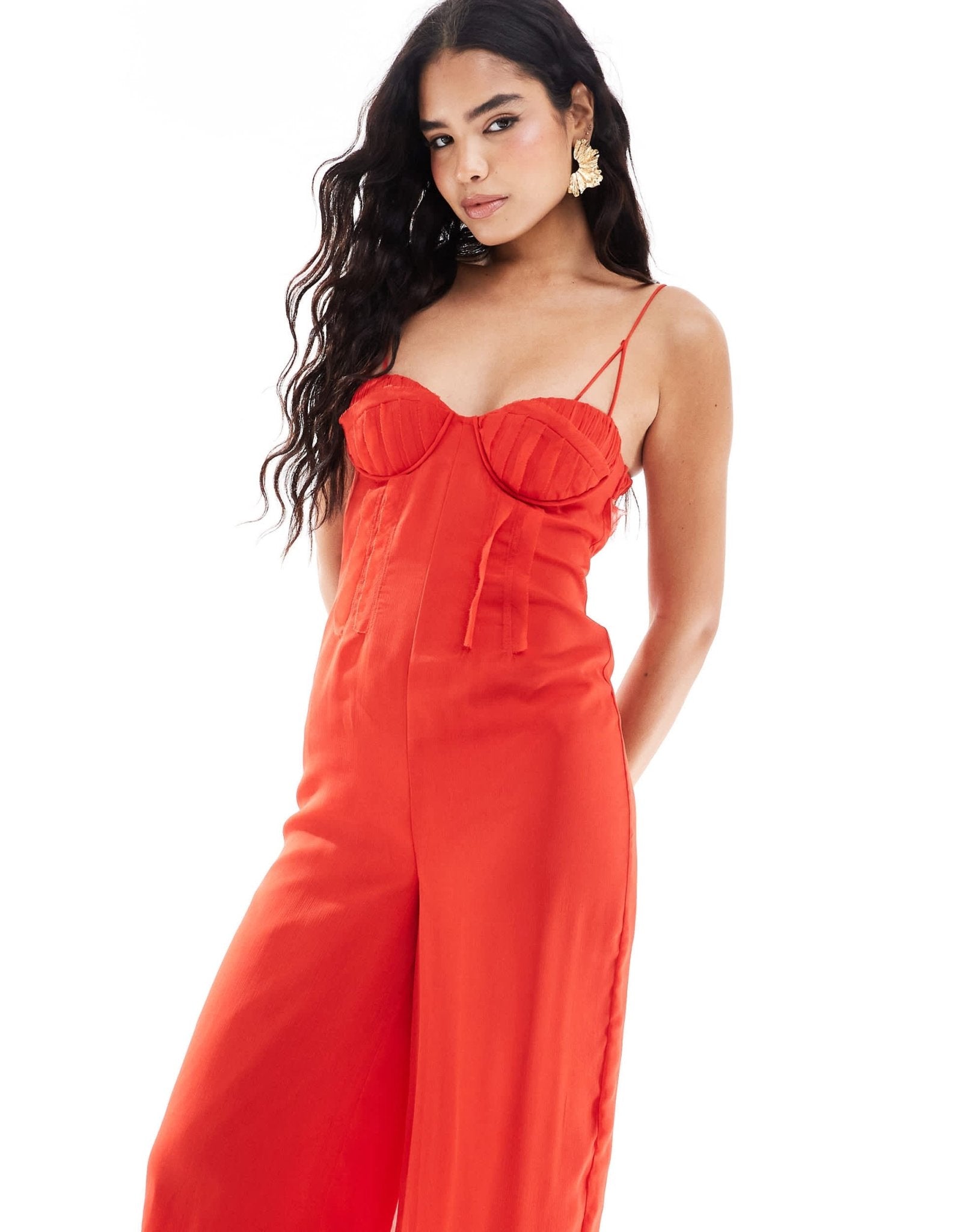 ASOS DESIGN raw edge corset panelled jumpsuit with cut out in red - ASOS Sample Sale