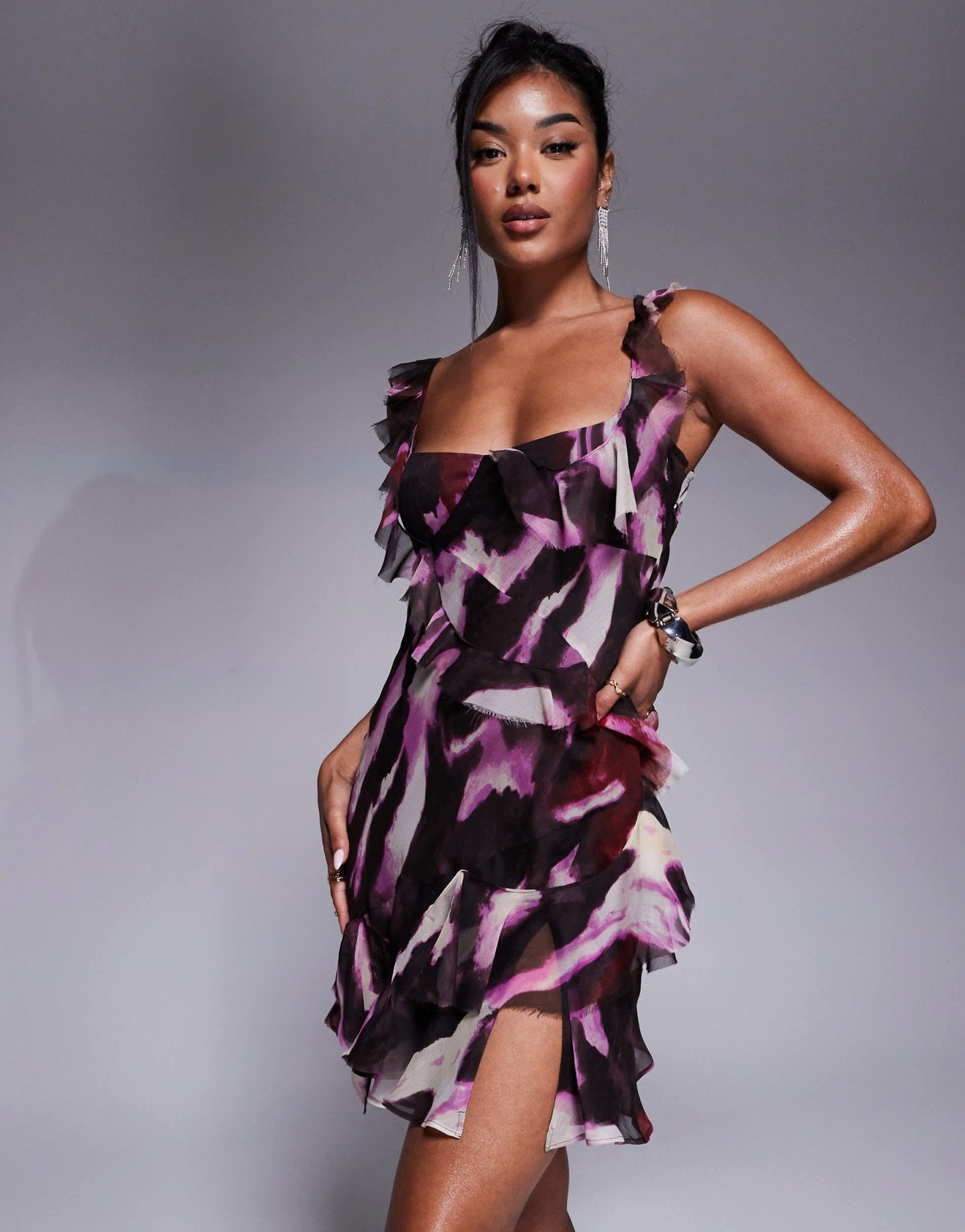 ASOS DESIGN raw edge frill mini dress with tie back in abstract print - ASOS Sample Sale