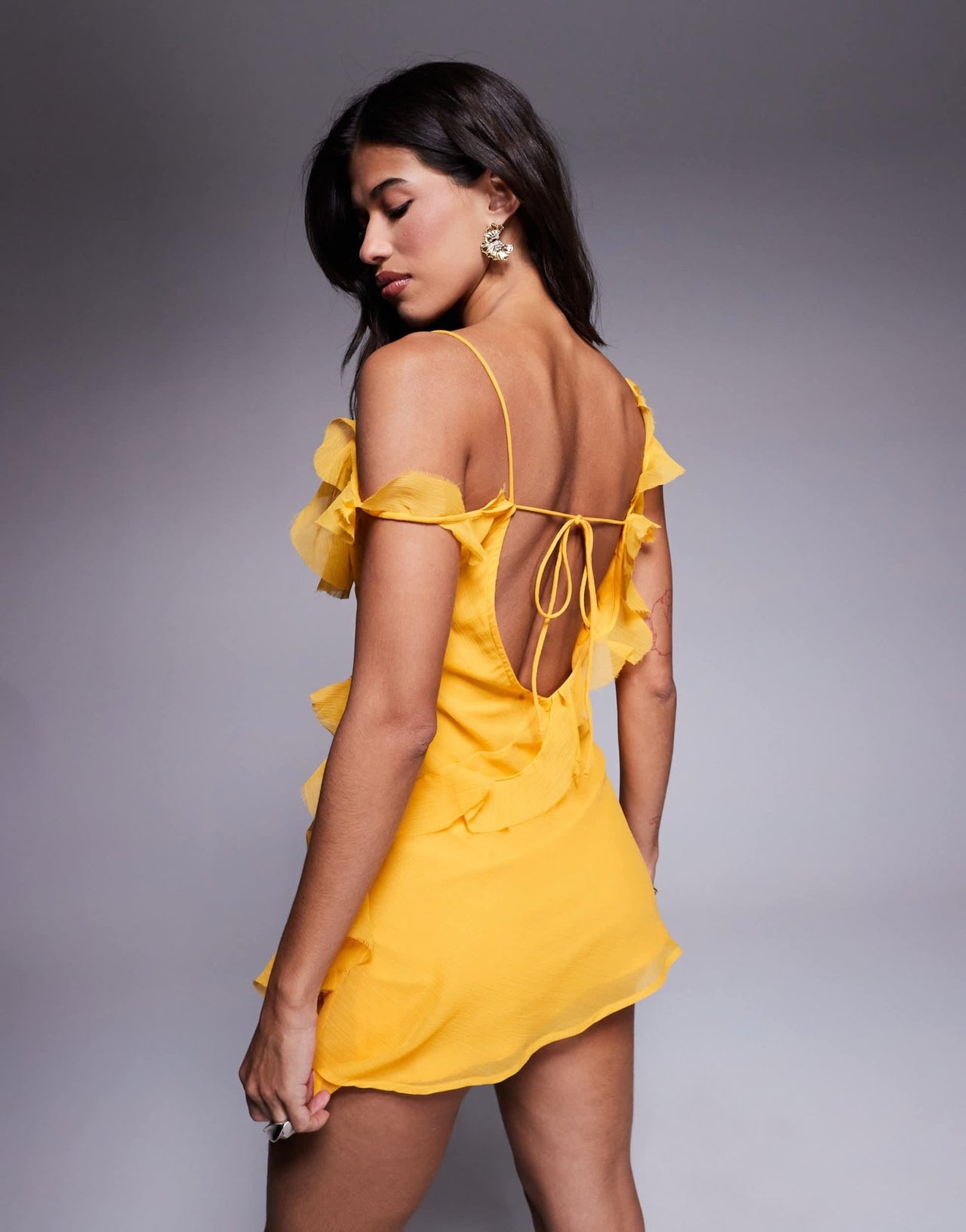 ASOS DESIGN raw edge frill mini dress with tie back in yellow - ASOS Sample Sale