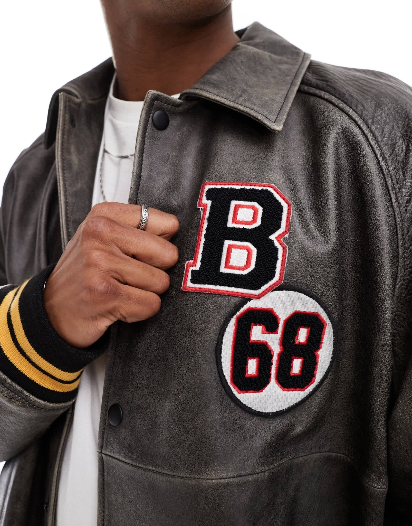 ASOS DESIGN real leather bomber jacket with varsity badging in black wash - ASOS Sample Sale