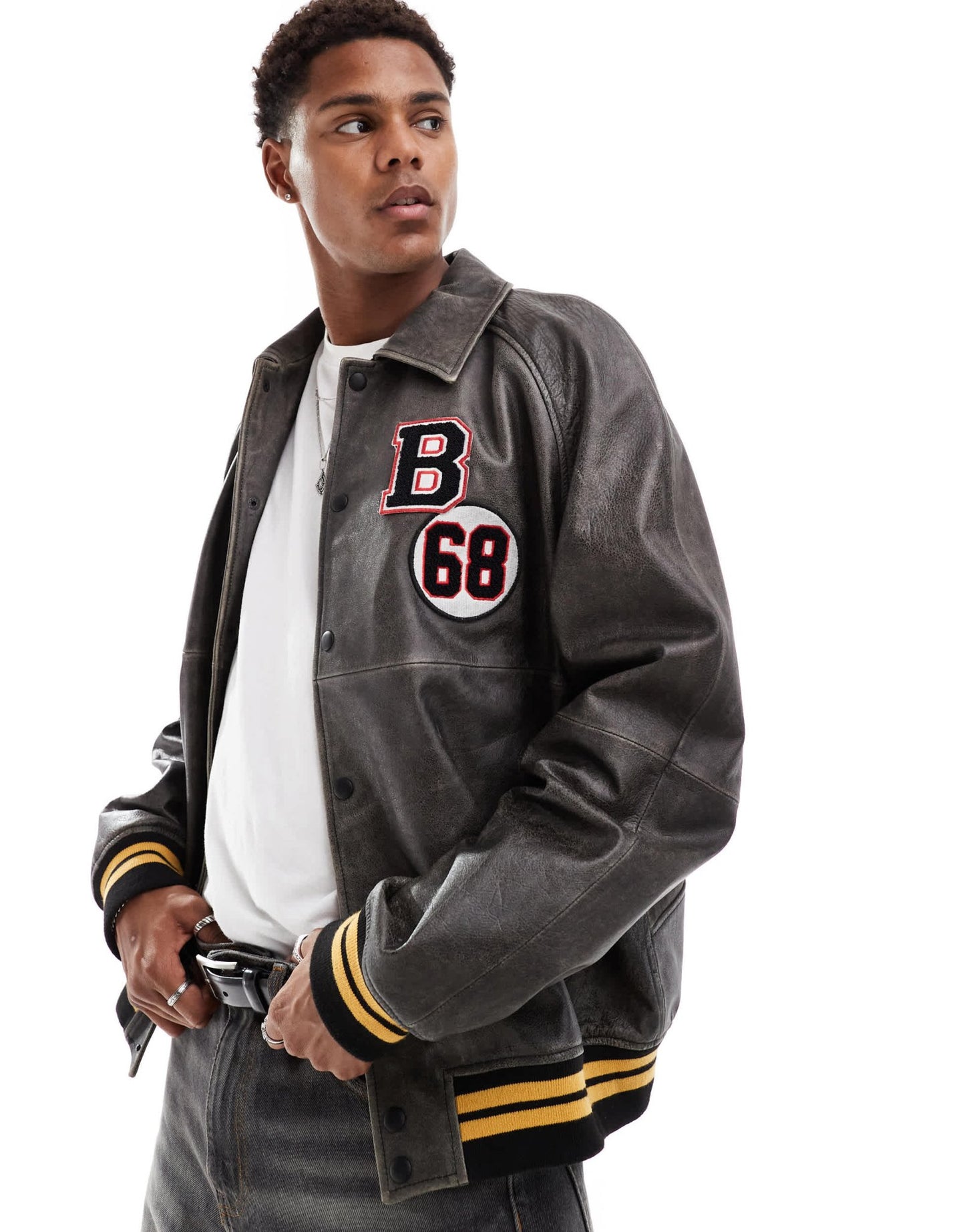 ASOS DESIGN real leather bomber jacket with varsity badging in black wash - ASOS Sample Sale