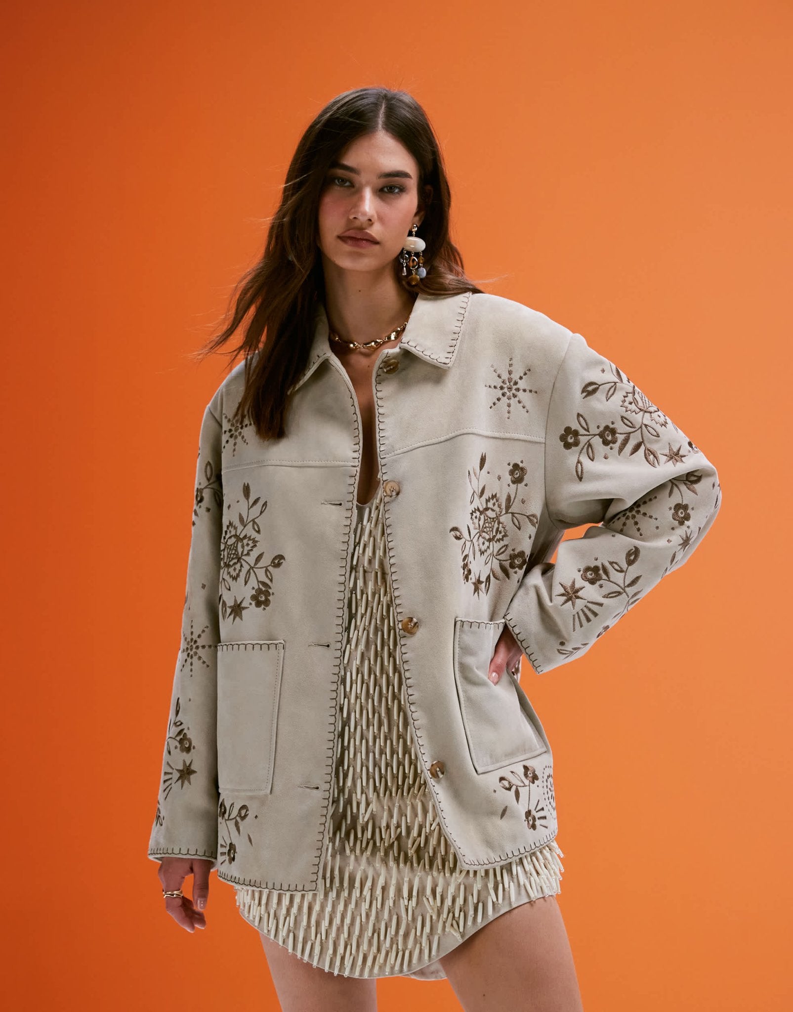 ASOS DESIGN real suede embroidered jacket in stone - ASOS Sample Sale