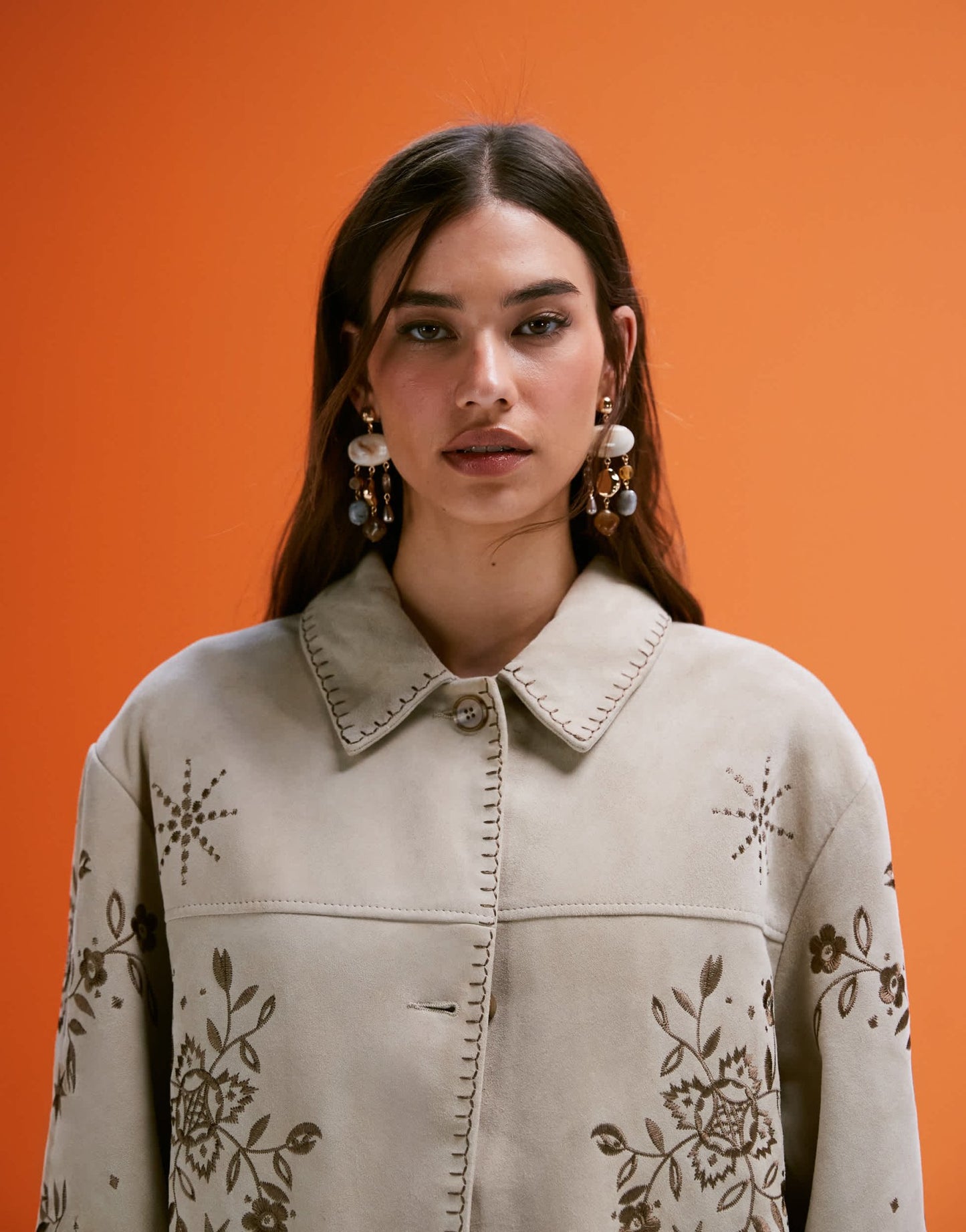 ASOS DESIGN real suede embroidered jacket in stone - ASOS Sample Sale