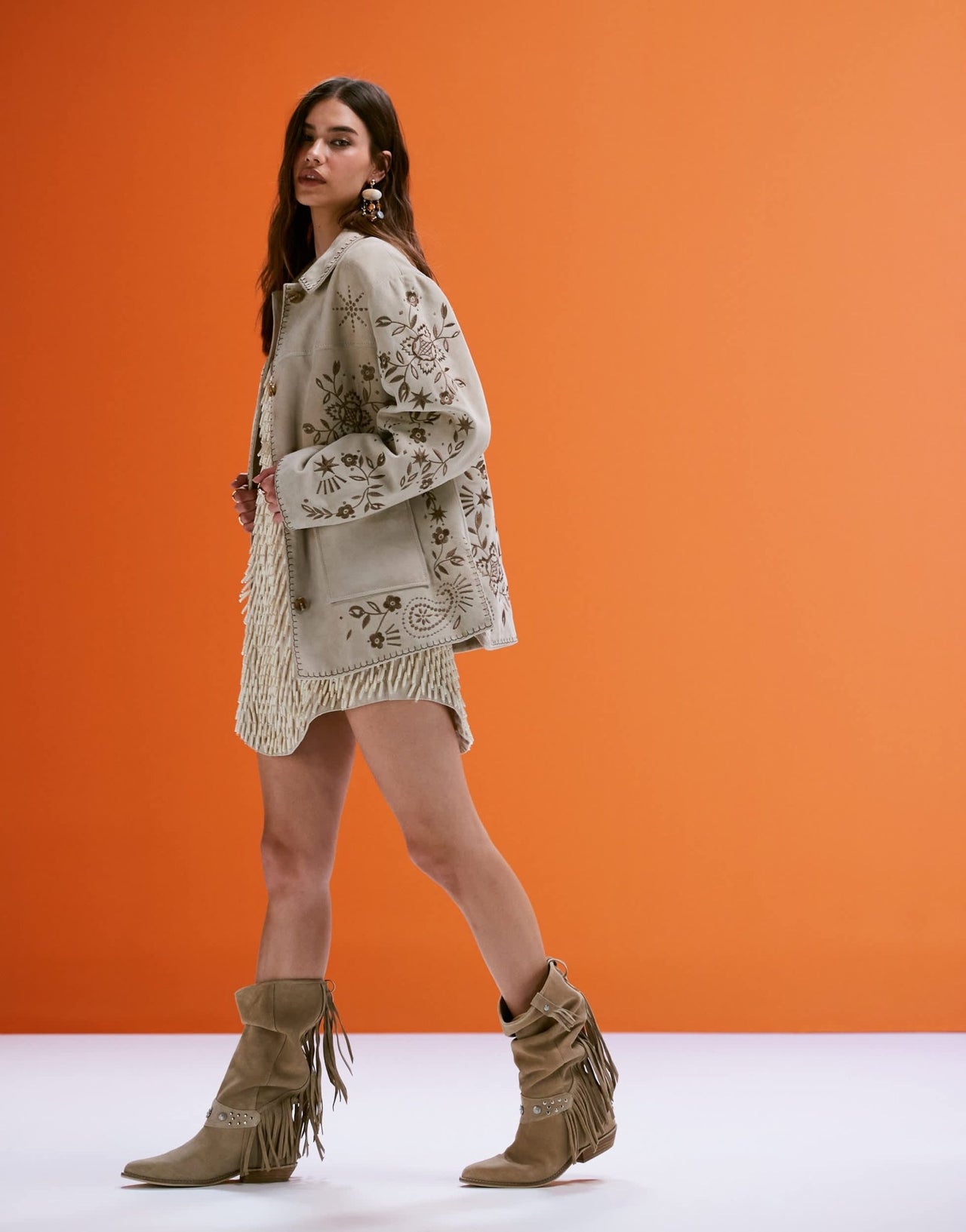 ASOS DESIGN real suede embroidered jacket in stone - ASOS Sample Sale