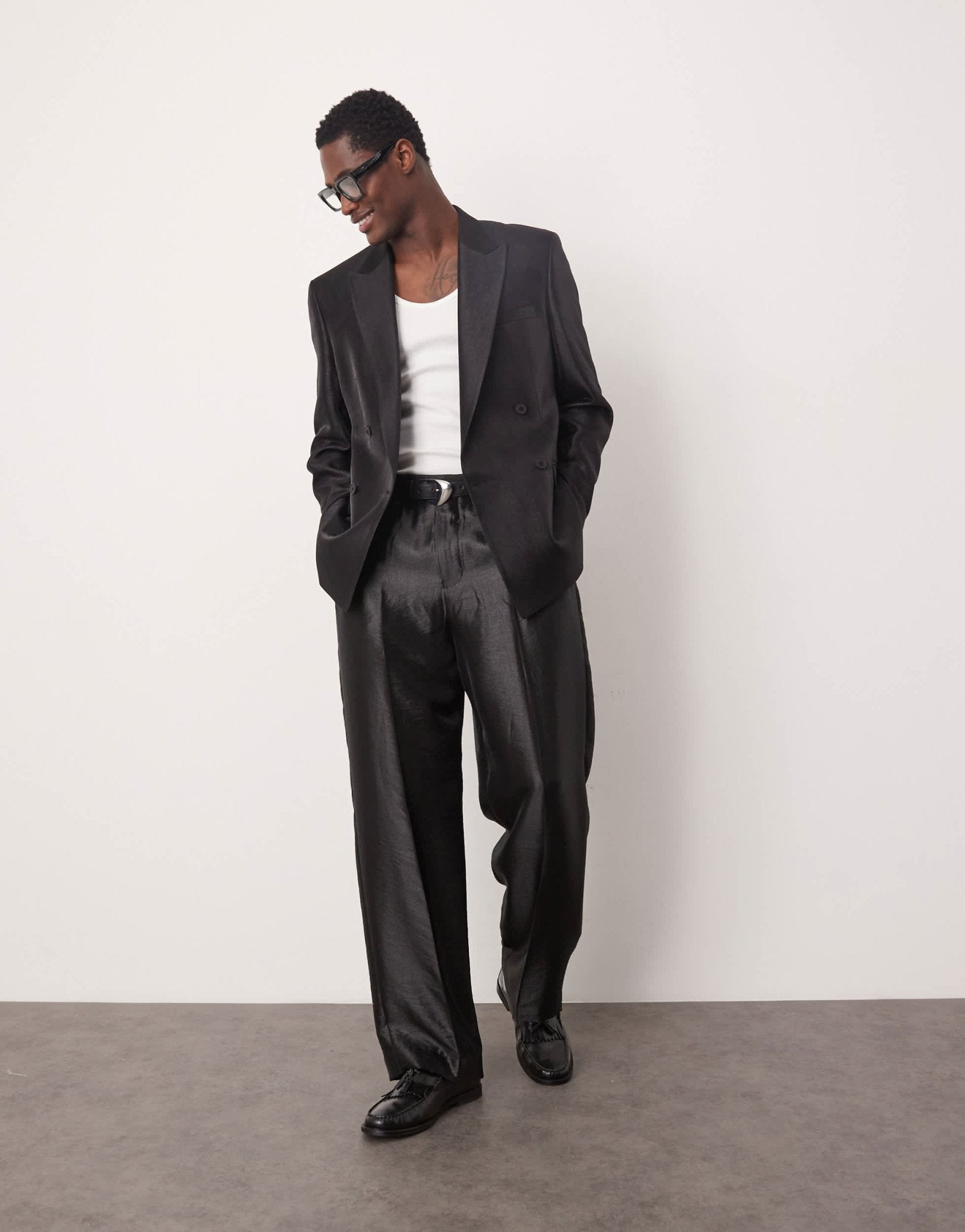 ASOS DESIGN regular double breasted suit jacket in black metallic satin - ASOS Sample Sale