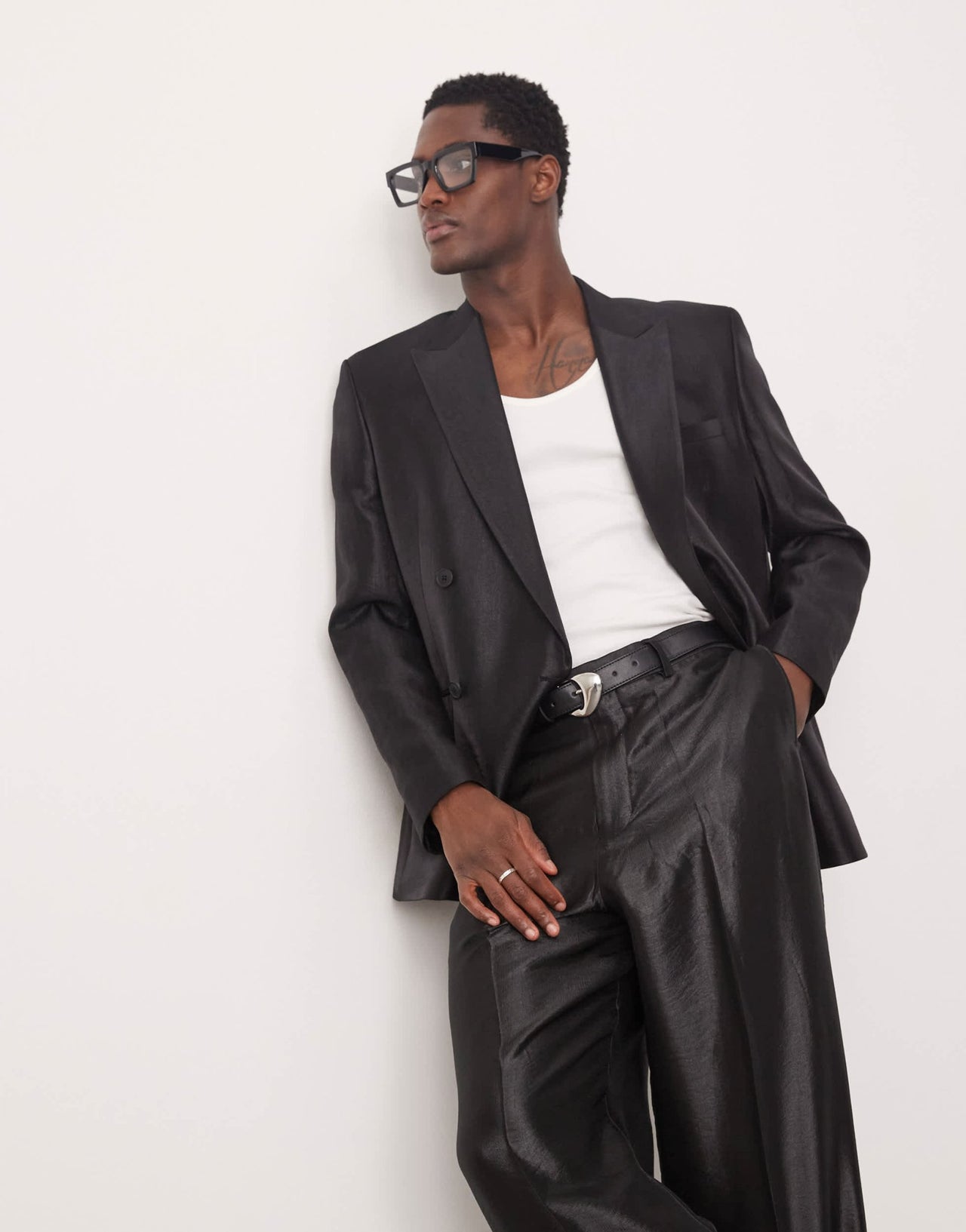 ASOS DESIGN regular double breasted suit jacket in black metallic satin - ASOS Sample Sale