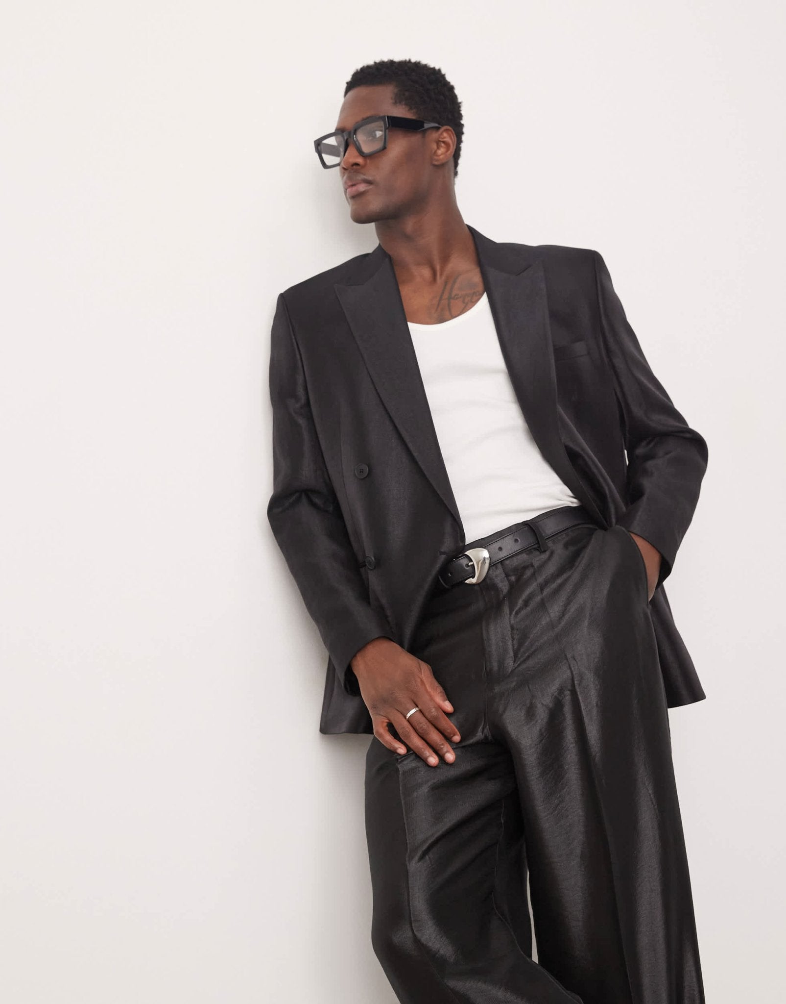 ASOS DESIGN regular double breasted suit jacket in black metallic satin - ASOS Sample Sale