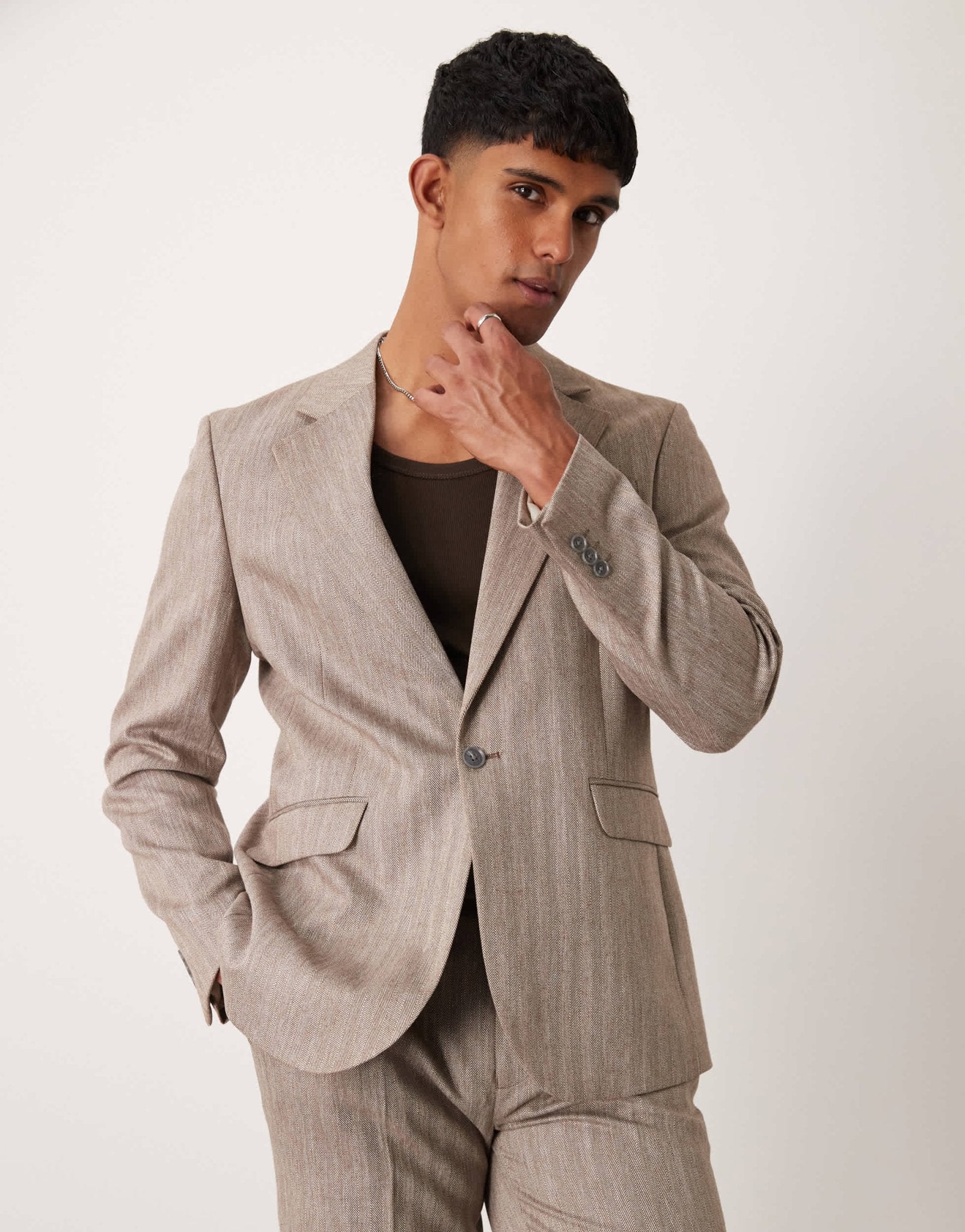 ASOS DESIGN regular suit jacket in light brown herringbone - ASOS Sample Sale