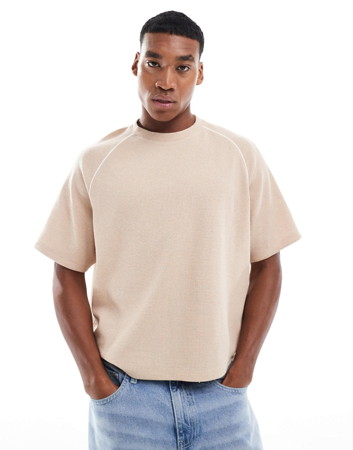 ASOS DESIGN relaxed boxy oversized polo shirt with lace panels in neutral - ASOS Sample Sale