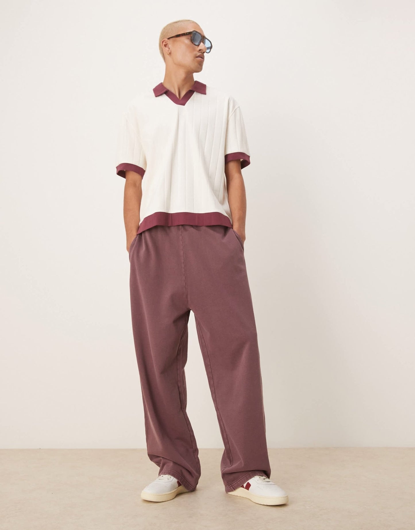ASOS DESIGN relaxed boxy polo t-shirt with contrast collar in cream rib - ASOS Sample Sale