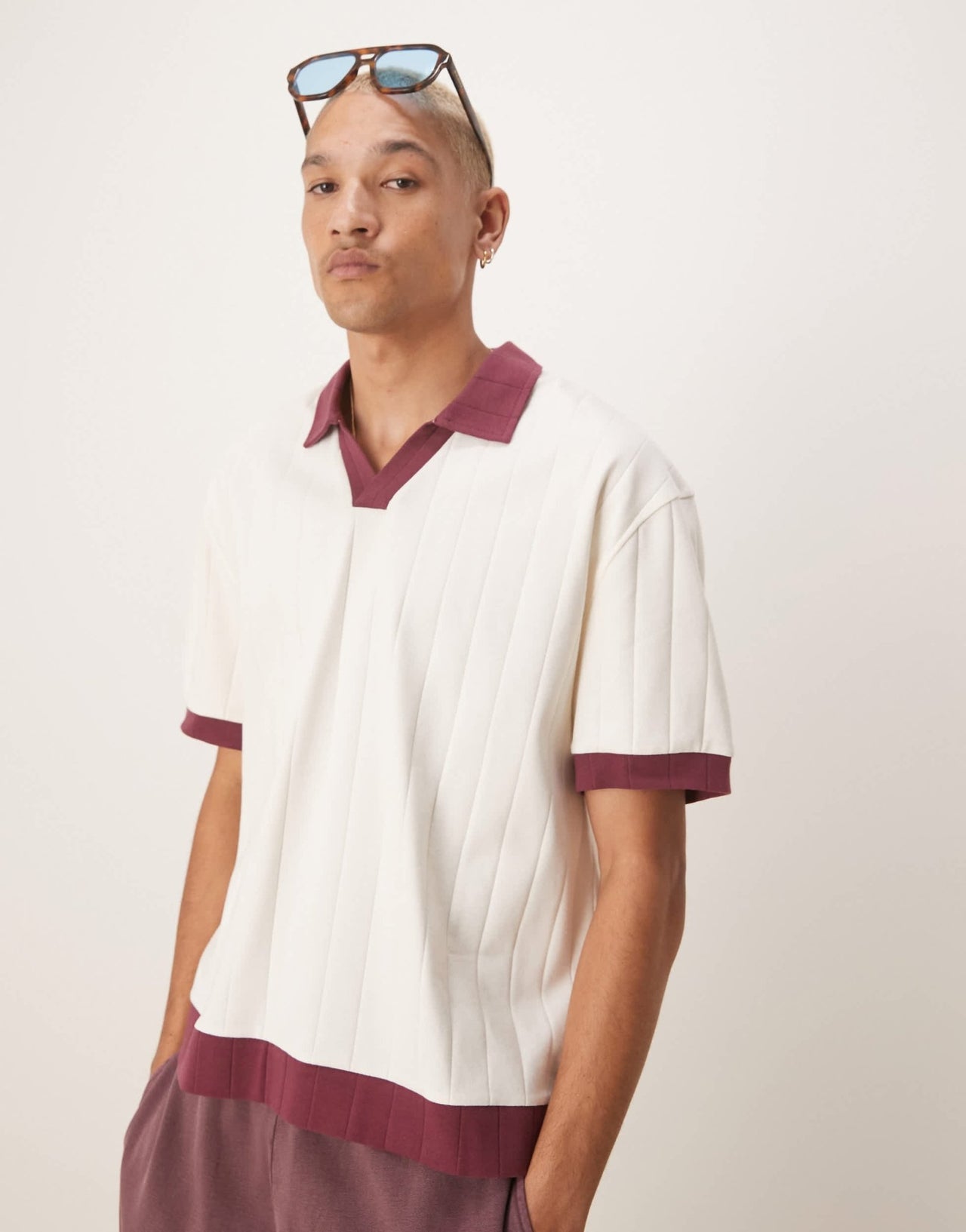 ASOS DESIGN relaxed boxy polo t-shirt with contrast collar in cream rib - ASOS Sample Sale
