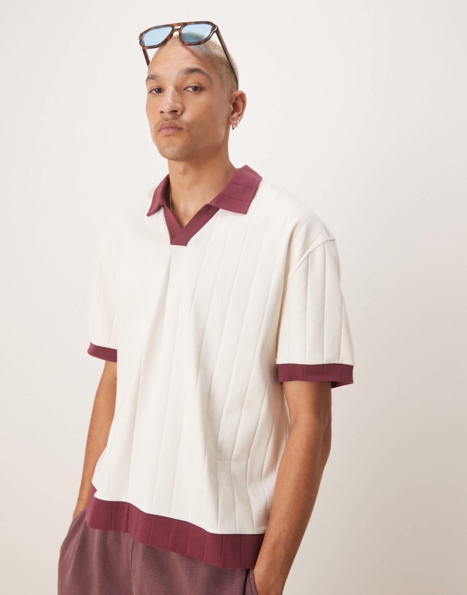 ASOS DESIGN relaxed boxy polo t-shirt with contrast collar in cream rib - ASOS Sample Sale