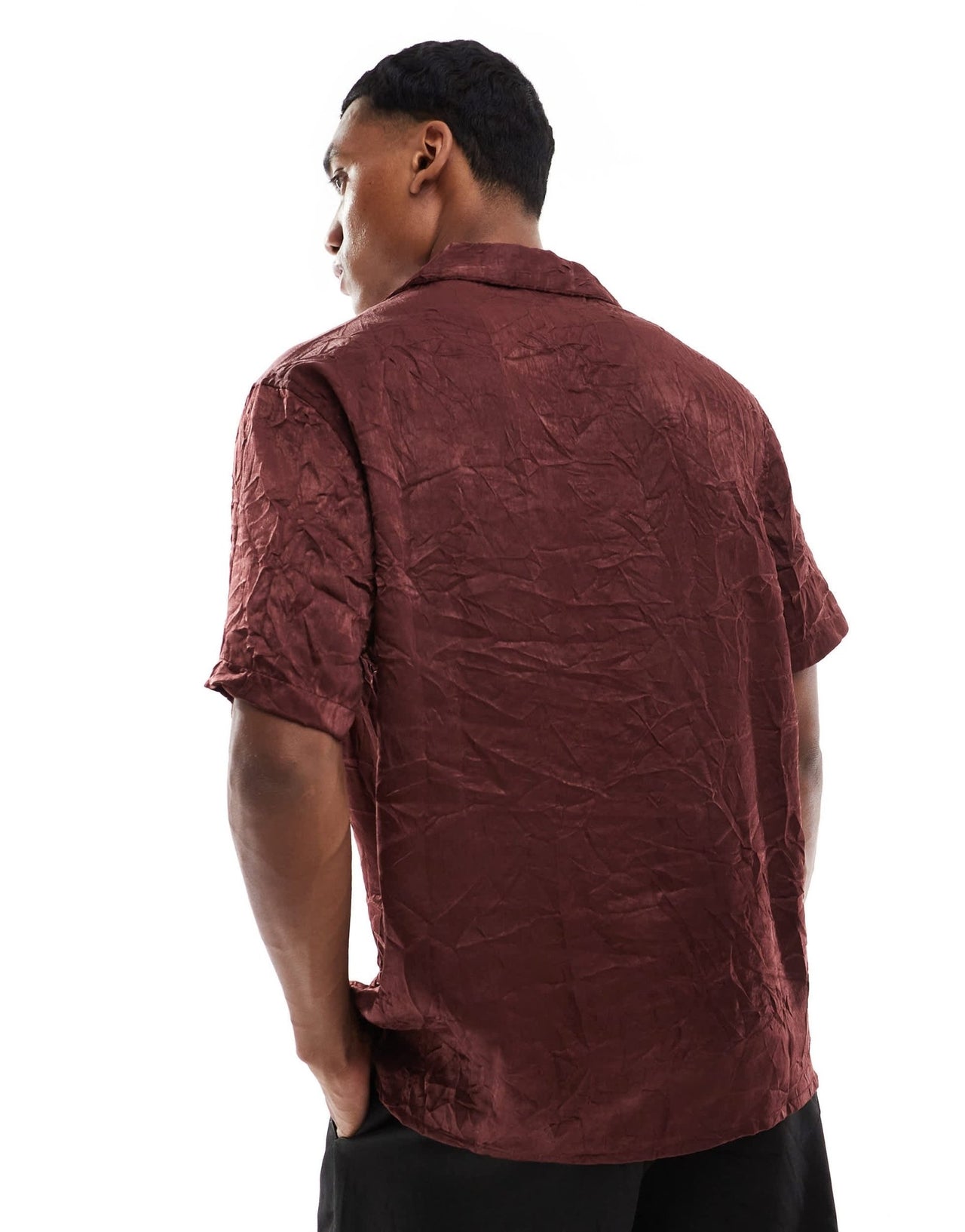ASOS DESIGN relaxed fit deep revere collar crinkle satin shirt in brown - ASOS Sample Sale