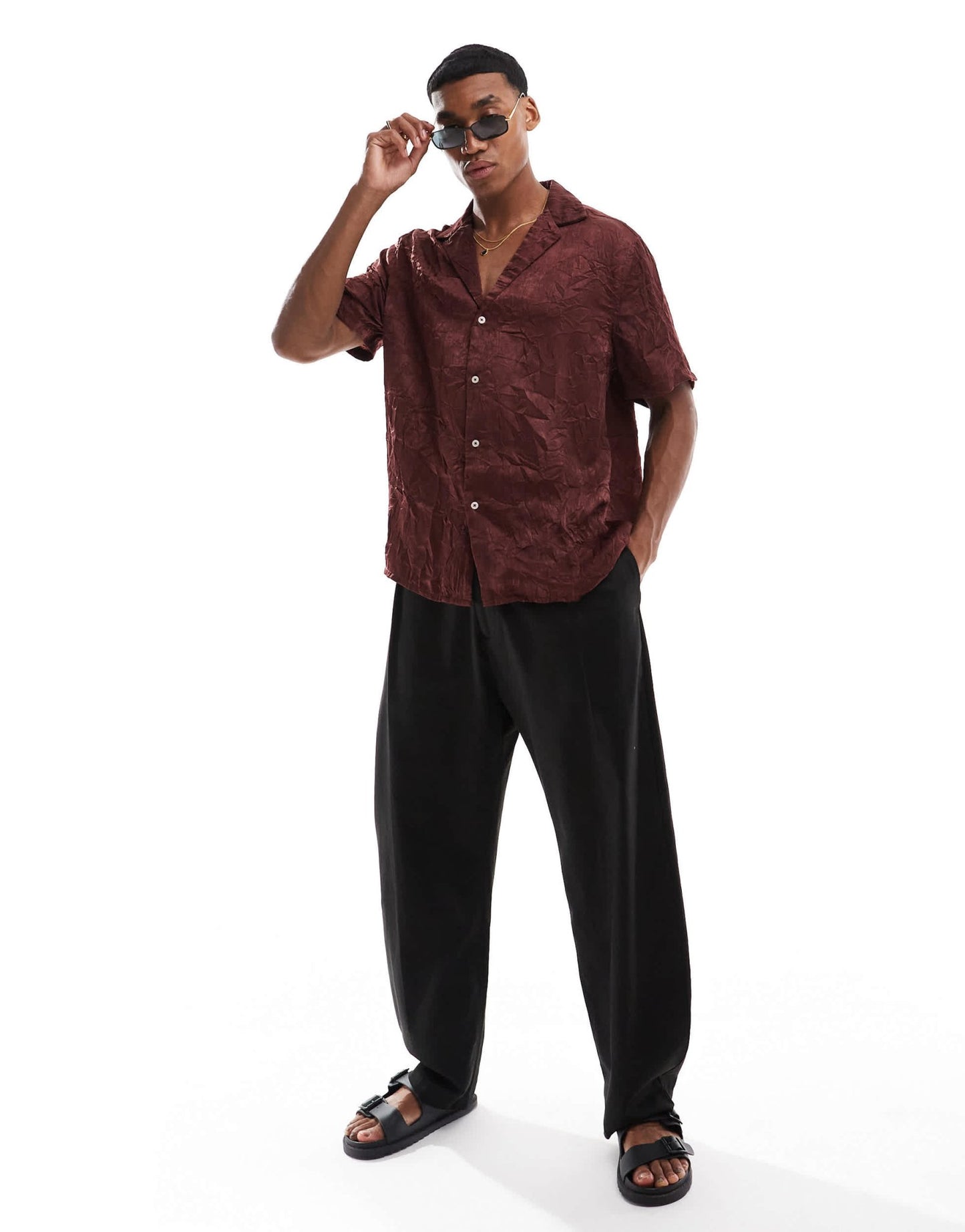 ASOS DESIGN relaxed fit deep revere collar crinkle satin shirt in brown - ASOS Sample Sale