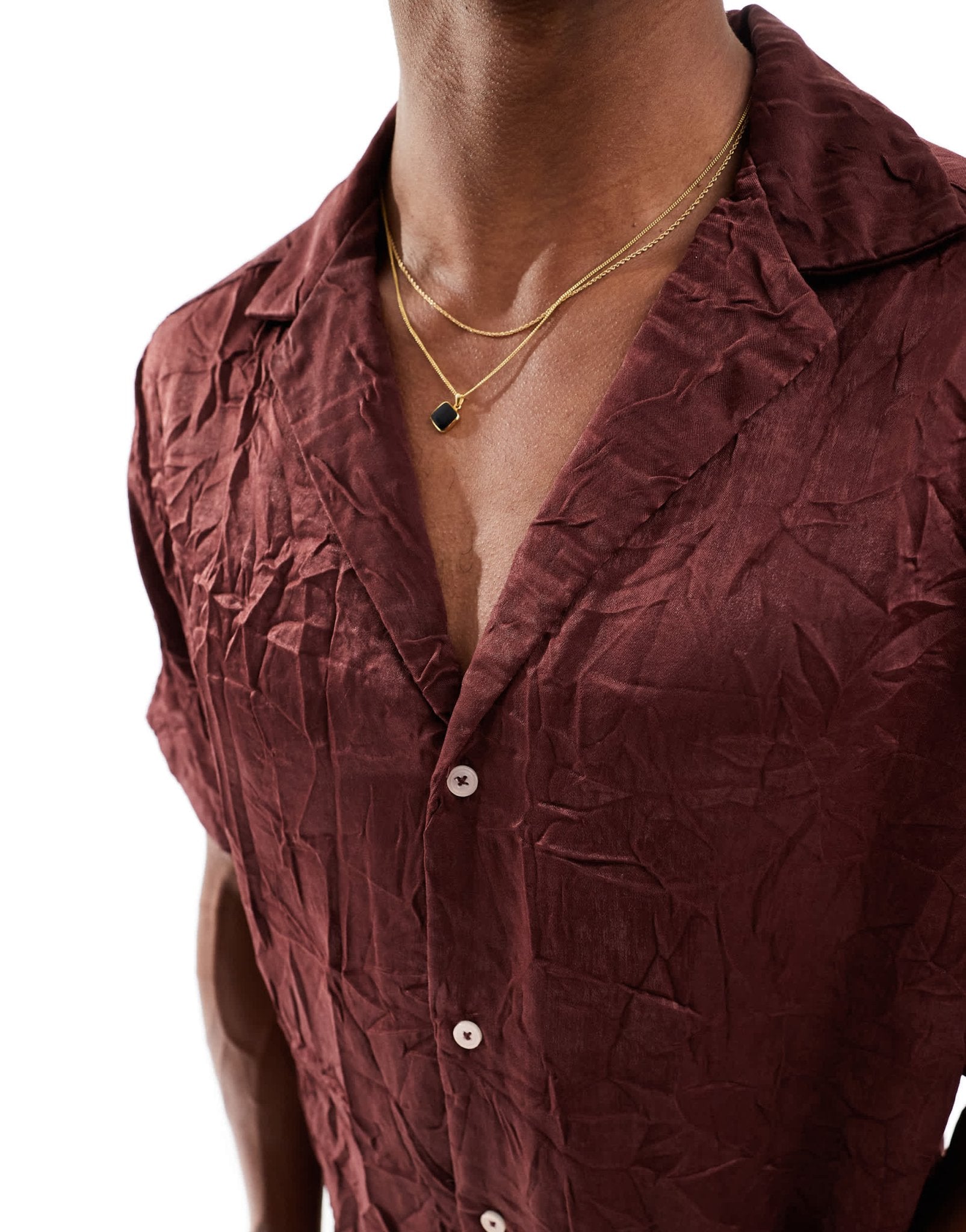 ASOS DESIGN relaxed fit deep revere collar crinkle satin shirt in brown - ASOS Sample Sale