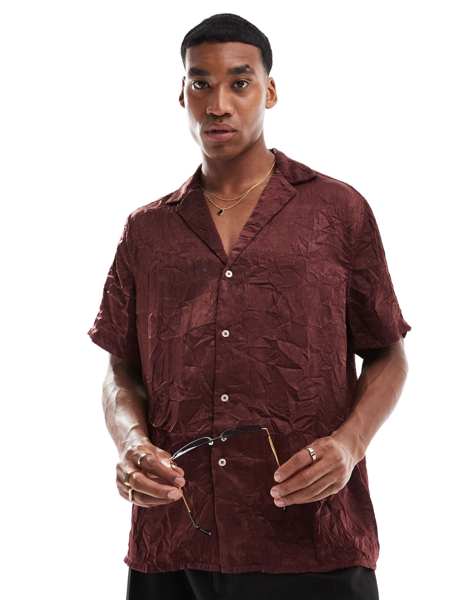 ASOS DESIGN relaxed fit deep revere collar crinkle satin shirt in brown - ASOS Sample Sale