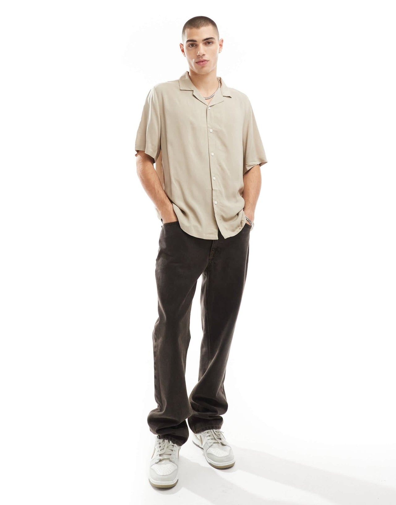 ASOS DESIGN relaxed fit viscose shirt with revere collar in stone - ASOS Sample Sale