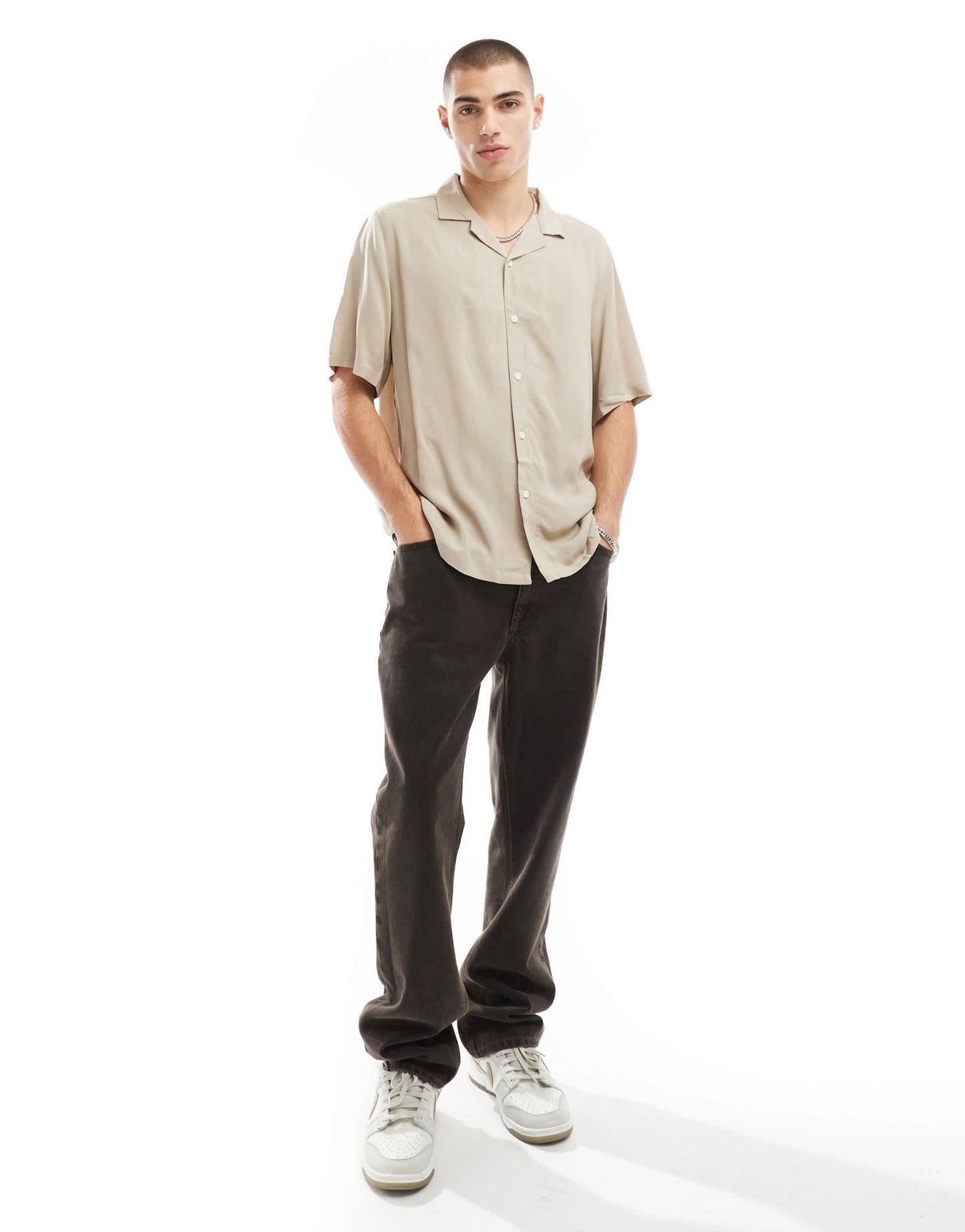 ASOS DESIGN relaxed fit viscose shirt with revere collar in stone - ASOS Sample Sale