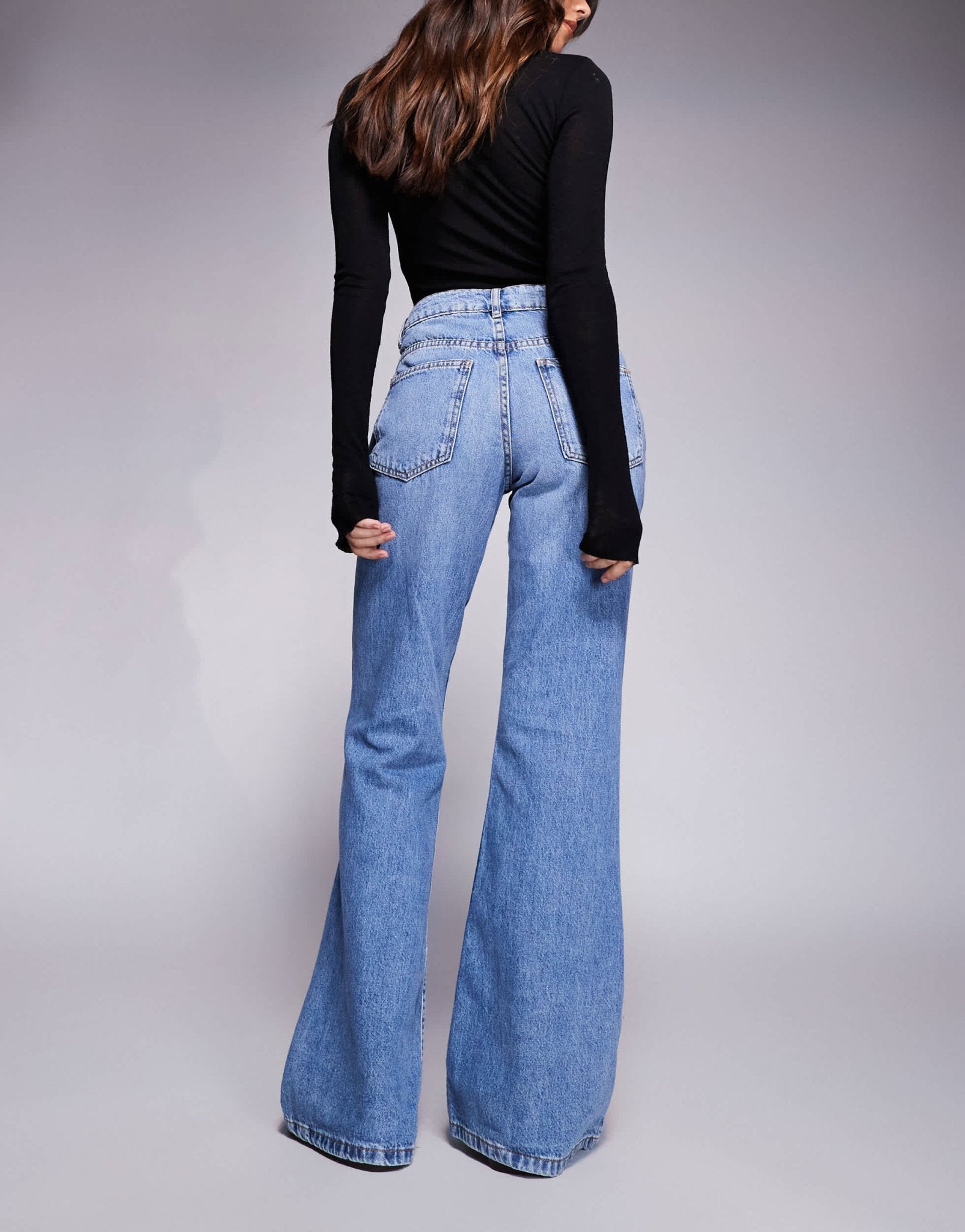 ASOS DESIGN relaxed flare jean in mid blue – ASOS Sample Sale