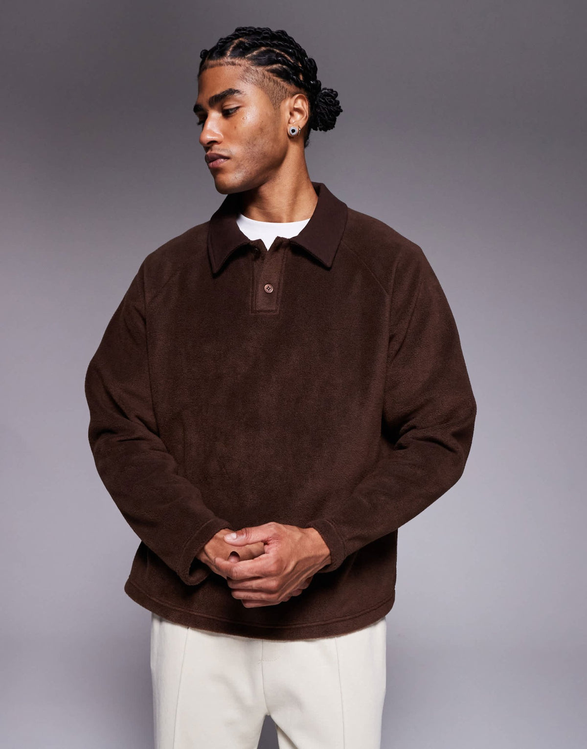 ASOS DESIGN relaxed fleece sweatshirt with ribbed collar in brown - ASOS Sample Sale