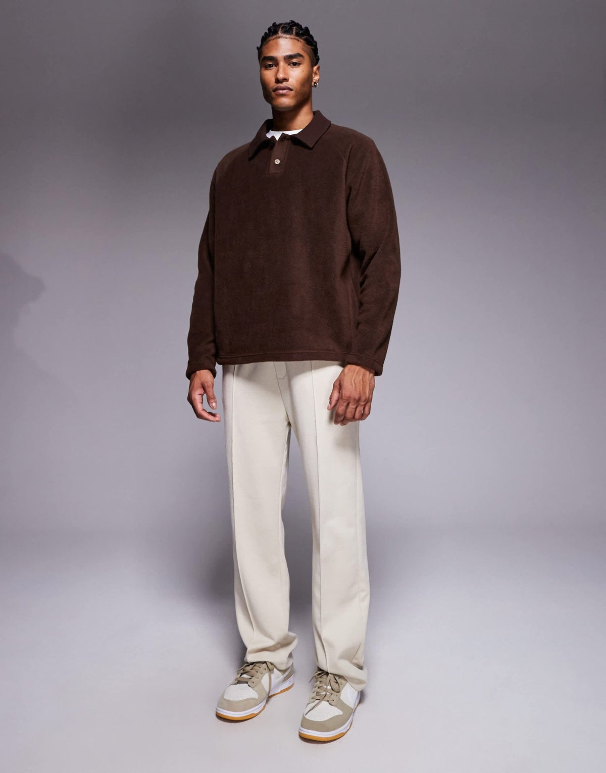ASOS DESIGN relaxed fleece sweatshirt with ribbed collar in brown - ASOS Sample Sale