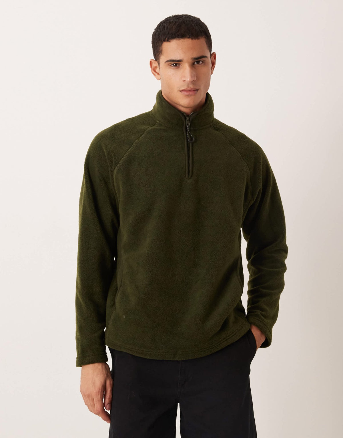 ASOS DESIGN relaxed funnel neck quarter zip fleece sweatshirt in khaki - ASOS Sample Sale