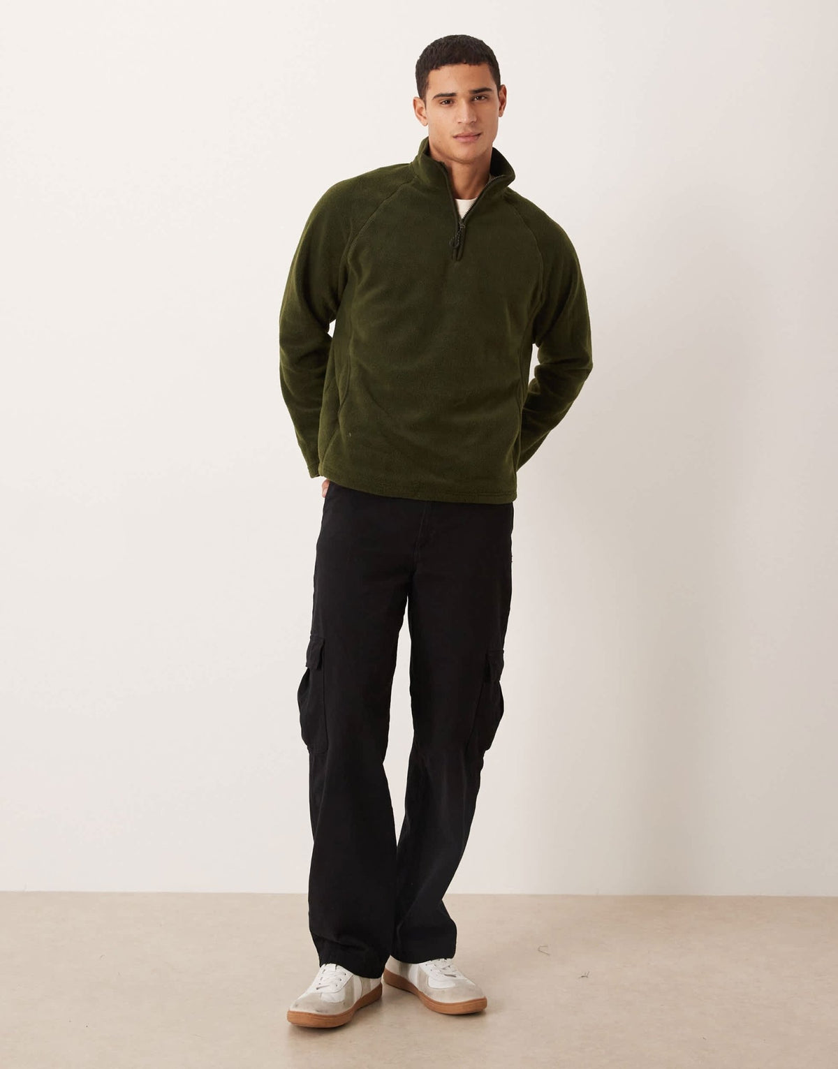 ASOS DESIGN relaxed funnel neck quarter zip fleece sweatshirt in khaki - ASOS Sample Sale