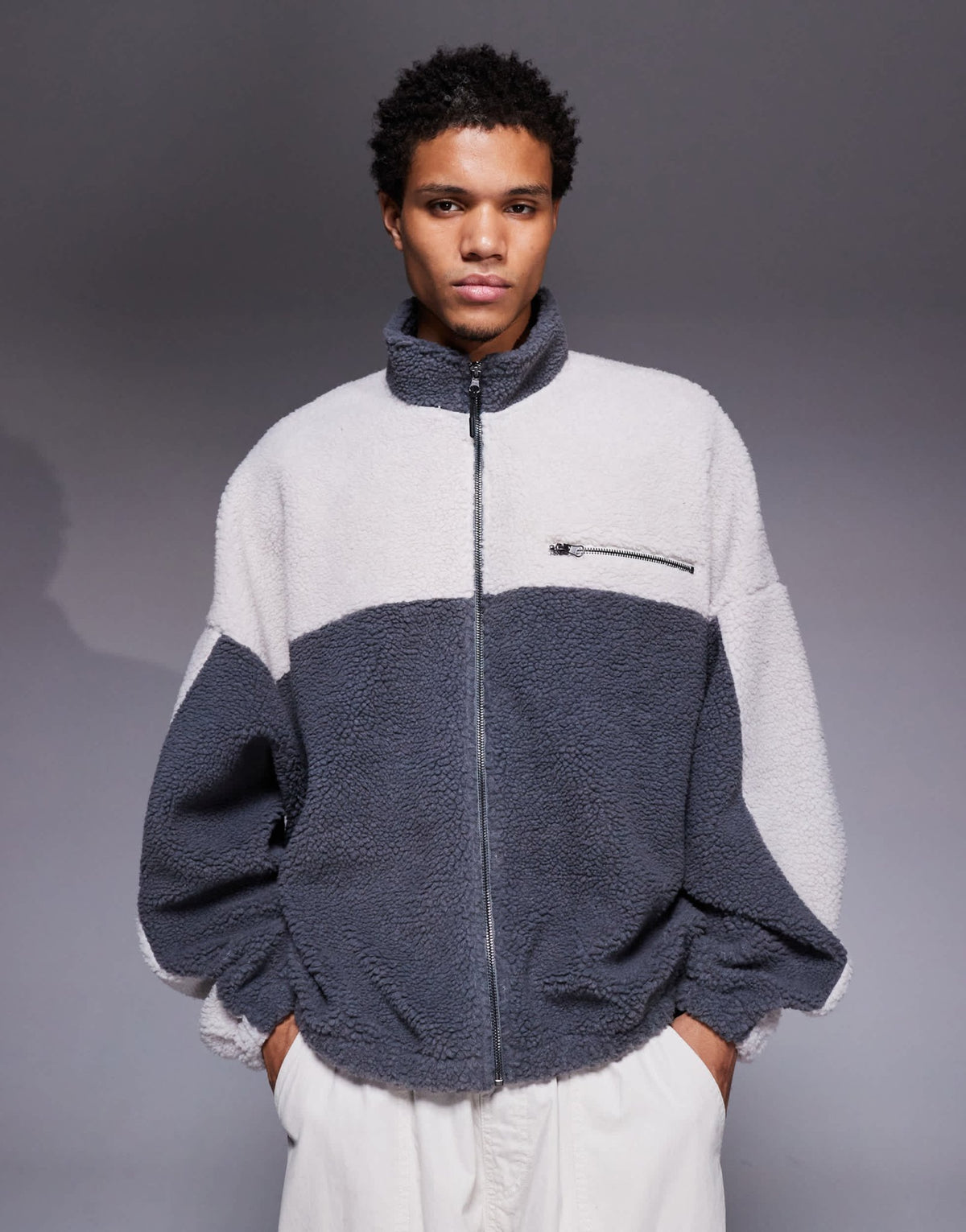 ASOS DESIGN relaxed funnel neck zip through borg sweatshirt in grey - ASOS Sample Sale