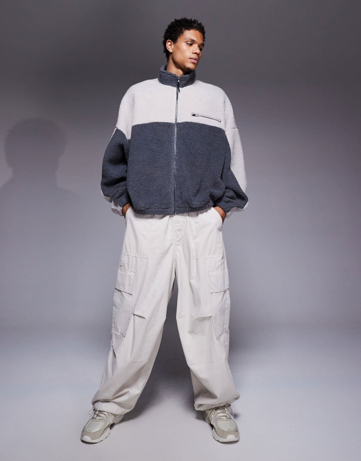 ASOS DESIGN relaxed funnel neck zip through borg sweatshirt in grey - ASOS Sample Sale