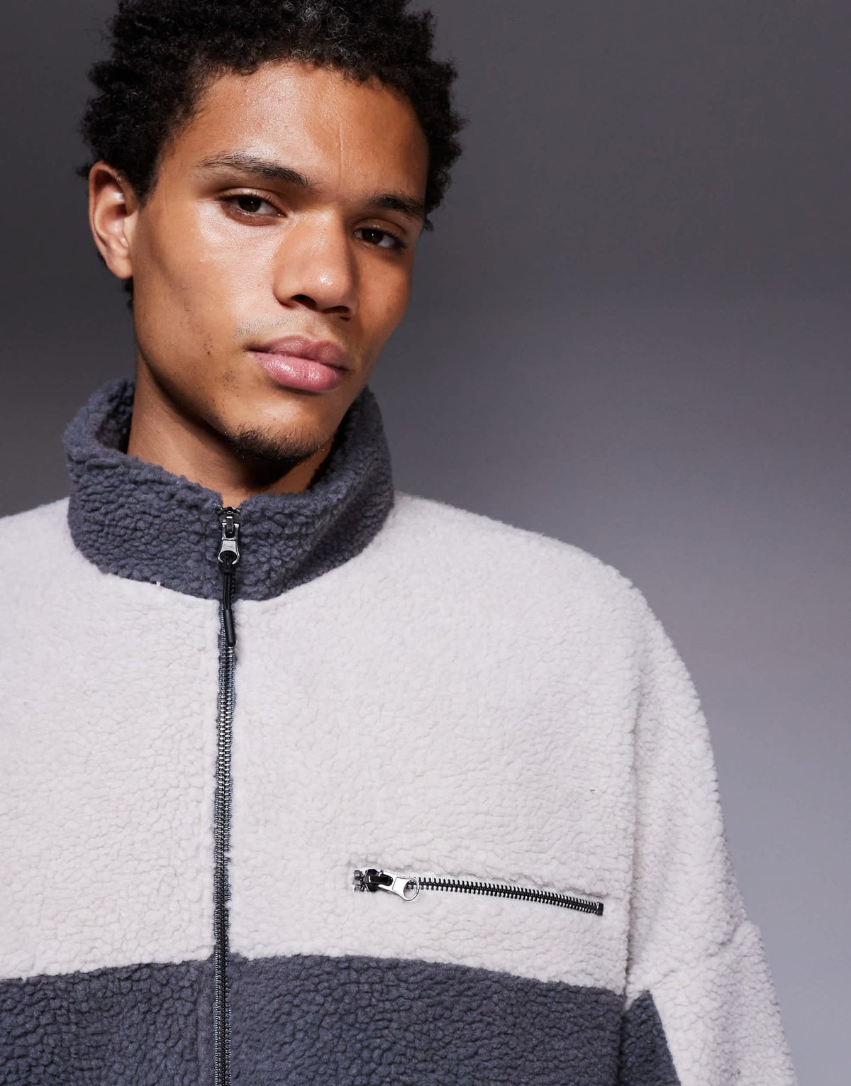 ASOS DESIGN relaxed funnel neck zip through borg sweatshirt in grey - ASOS Sample Sale