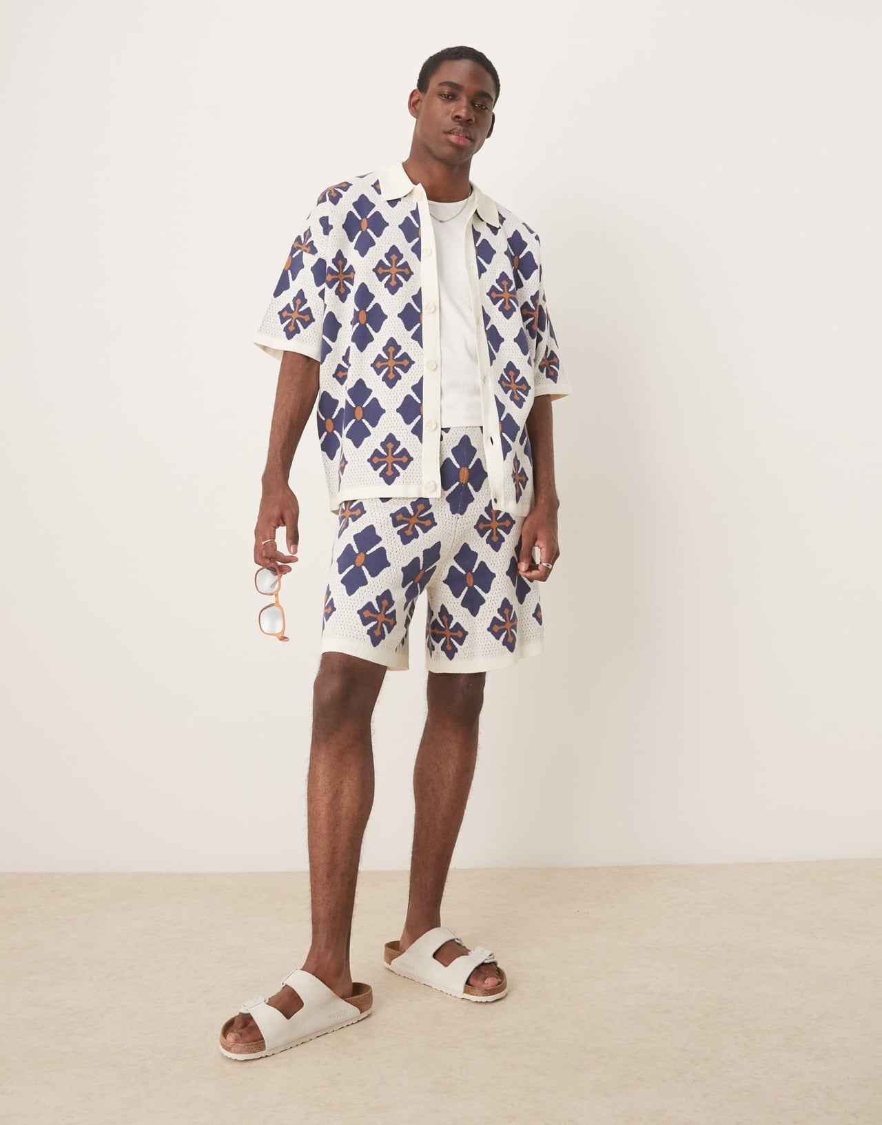 ASOS DESIGN relaxed knitted button through polo co - ord with aztec pattern in blue - ASOS Sample Sale