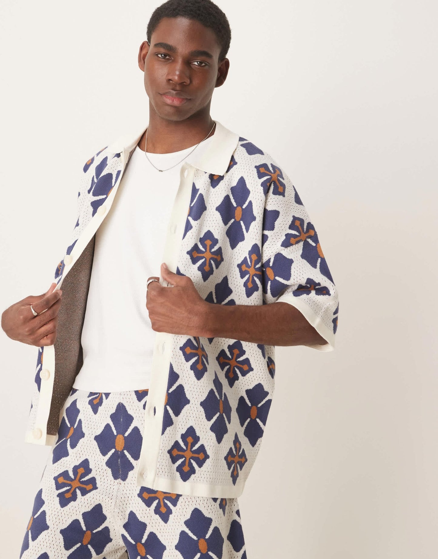 ASOS DESIGN relaxed knitted button through polo co - ord with aztec pattern in blue - ASOS Sample Sale