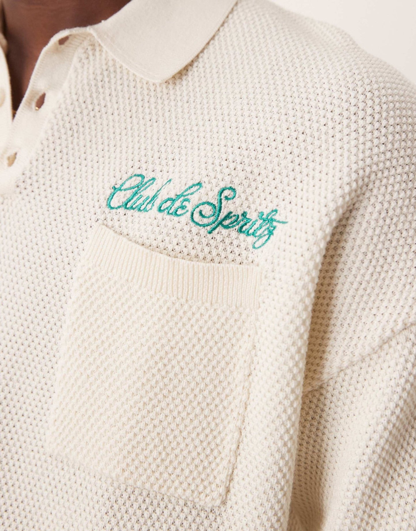 ASOS DESIGN relaxed knitted polo with chest pocket and embroidery text in ecru - ASOS Sample Sale
