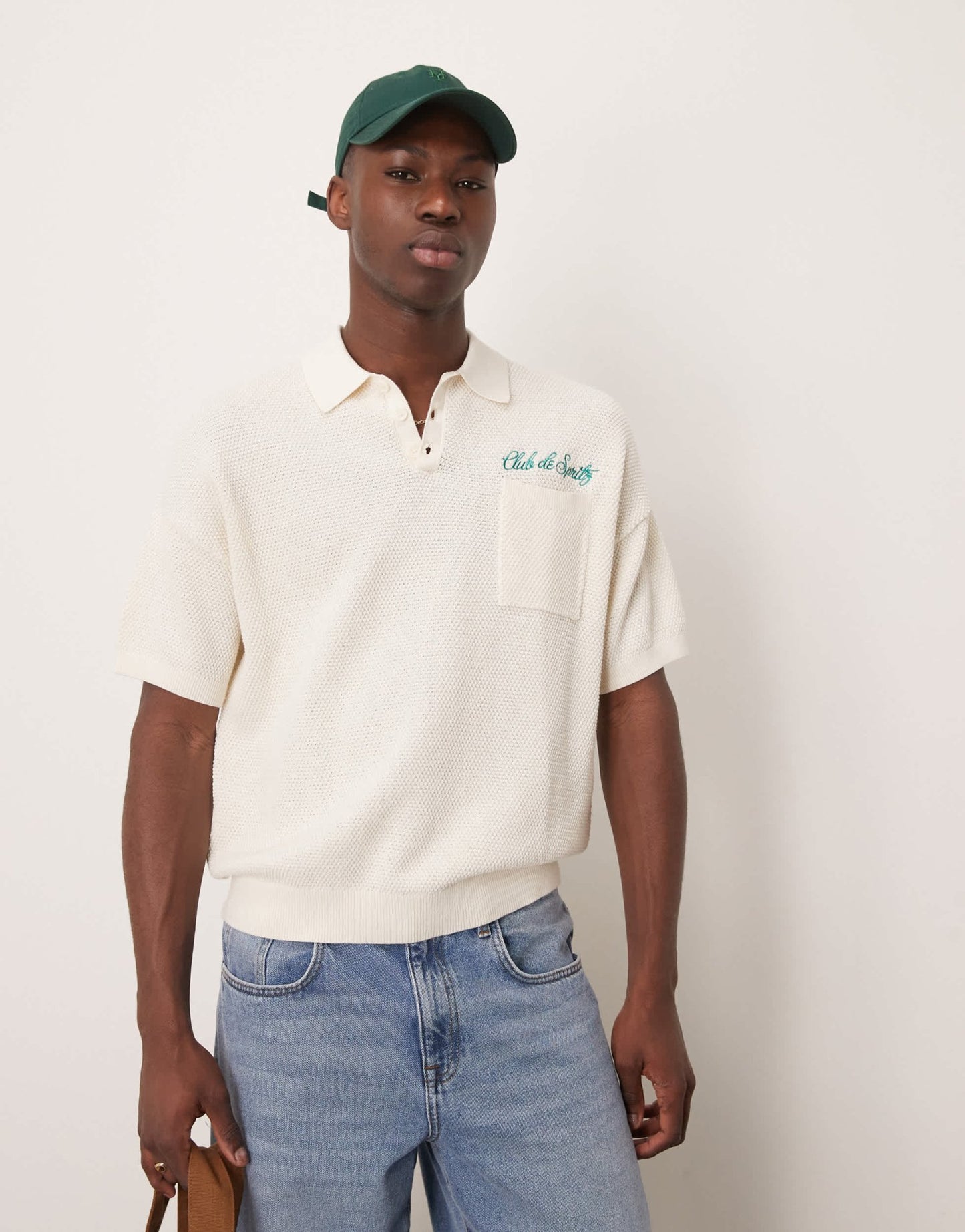 ASOS DESIGN relaxed knitted polo with chest pocket and embroidery text in ecru - ASOS Sample Sale