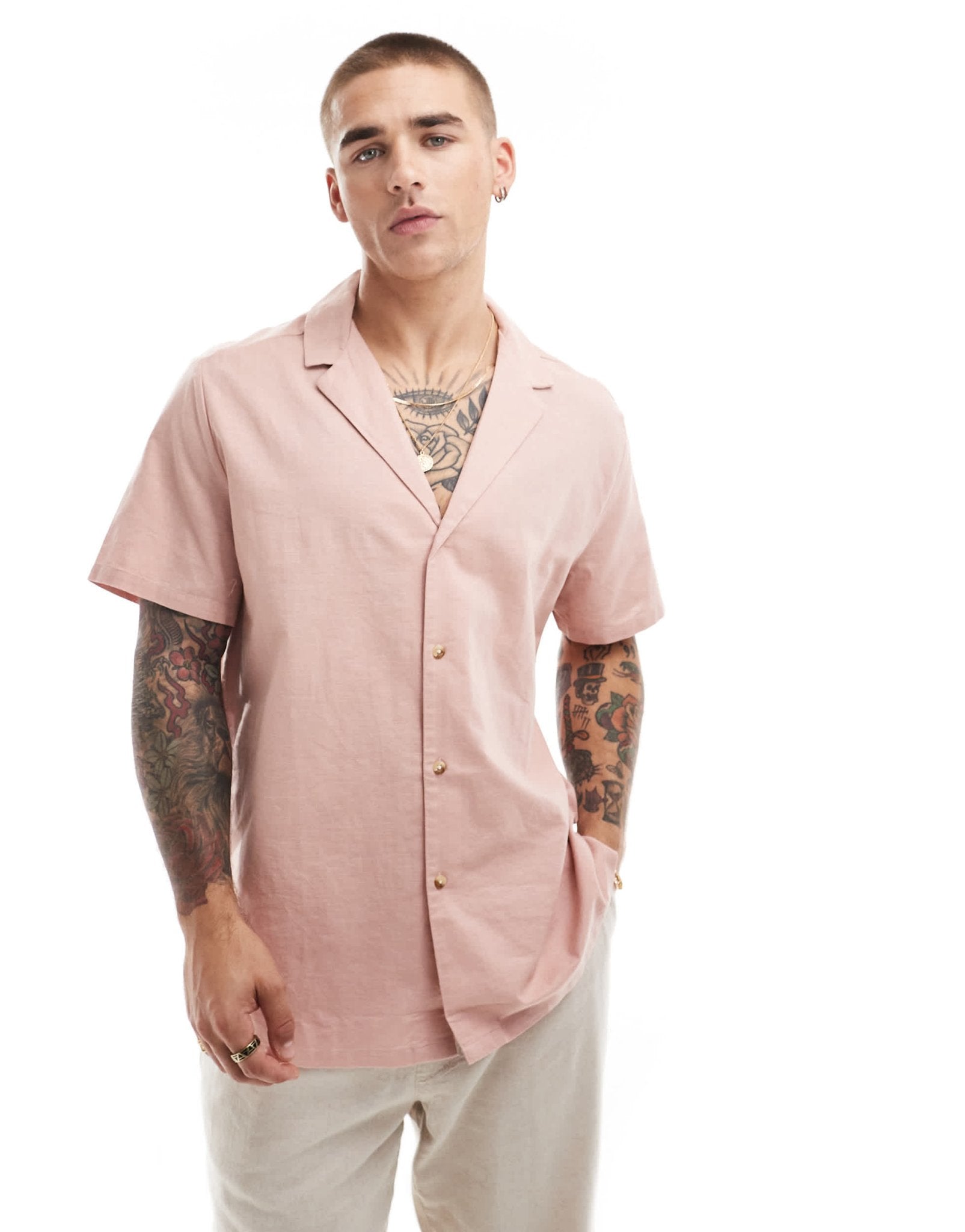 ASOS DESIGN relaxed linen blend shirt with deep revere collar in dusty pink - ASOS Sample Sale